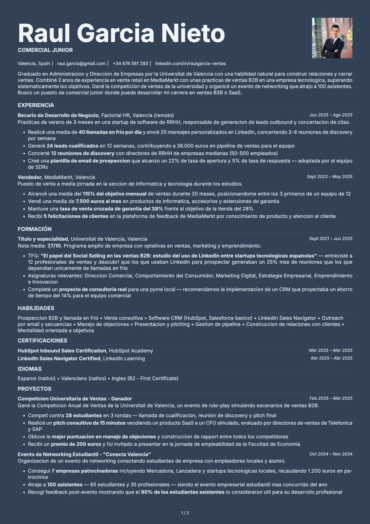 Comercial Junior resume example