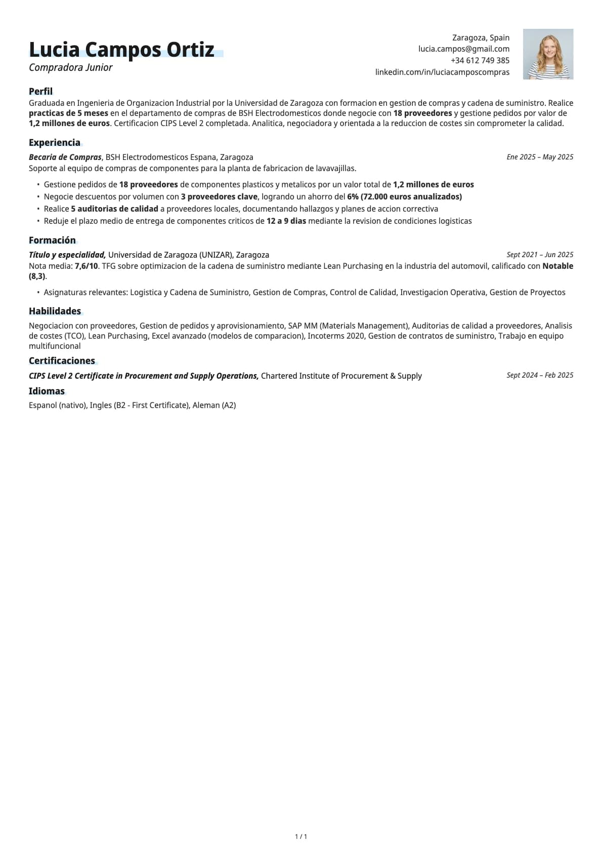 Compradora Junior resume example