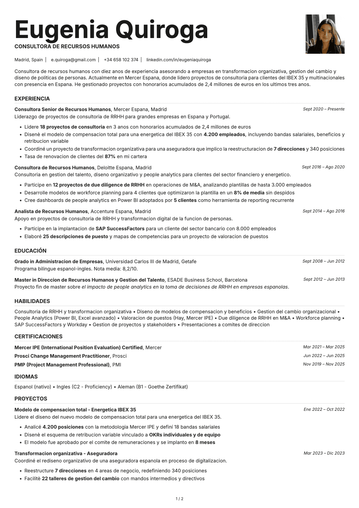 Consultor de Recursos Humanos resume example