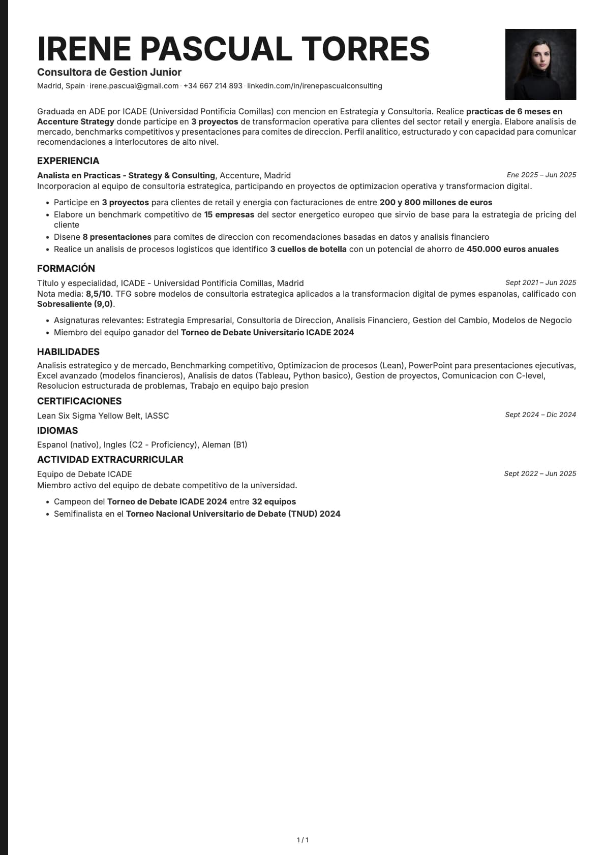 Consultora de Gestion Junior resume example