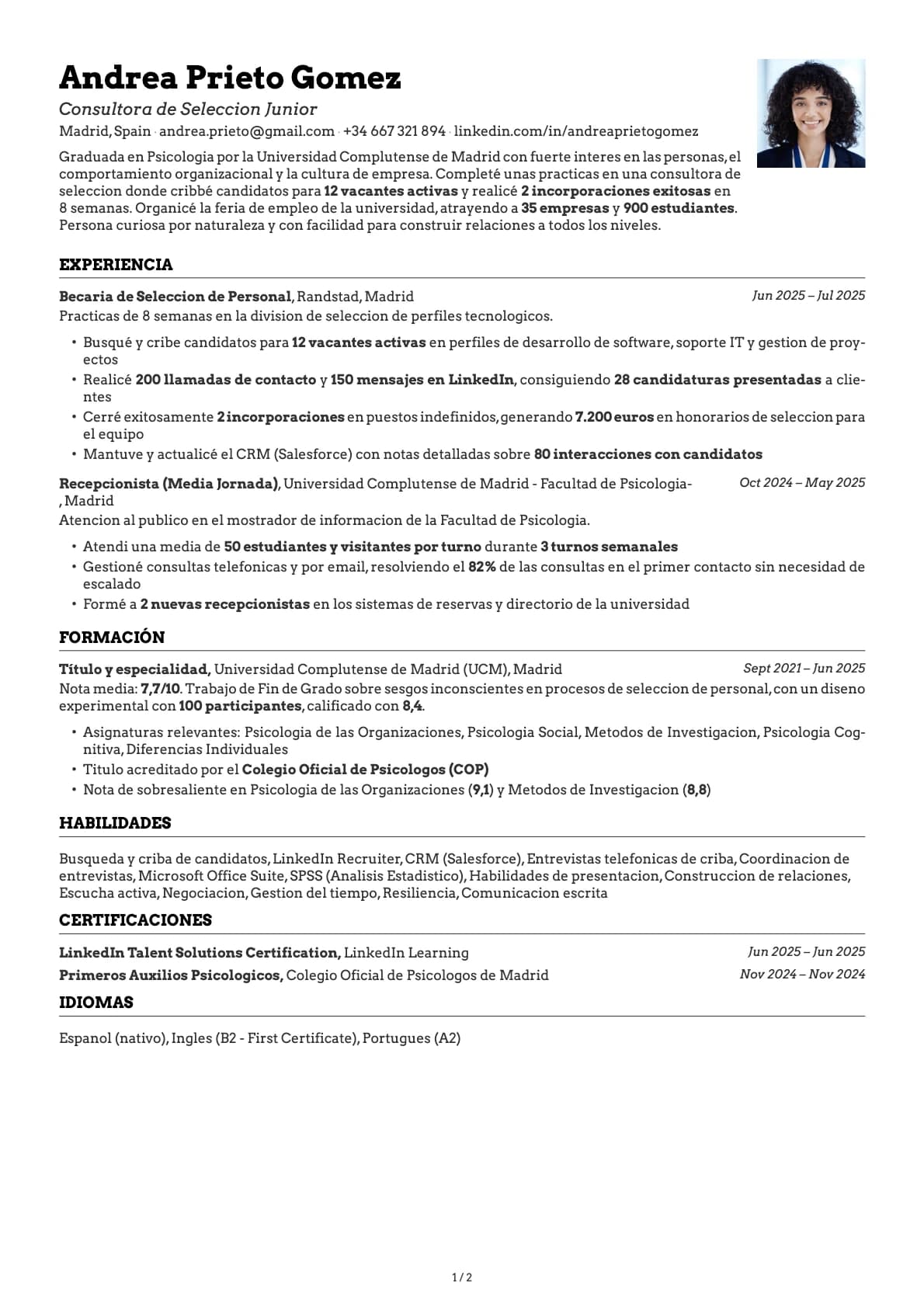 Consultor/a de Selección Junior resume example