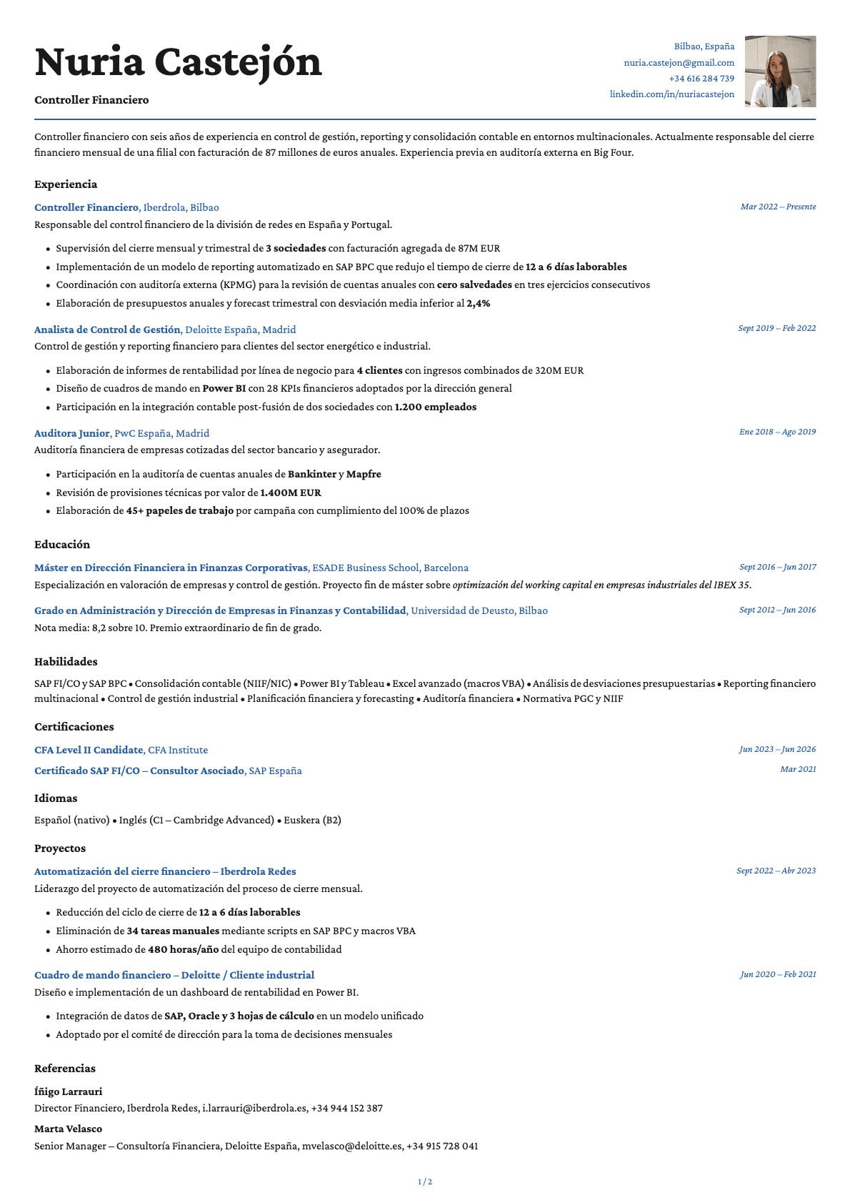 Controller Financiero resume example