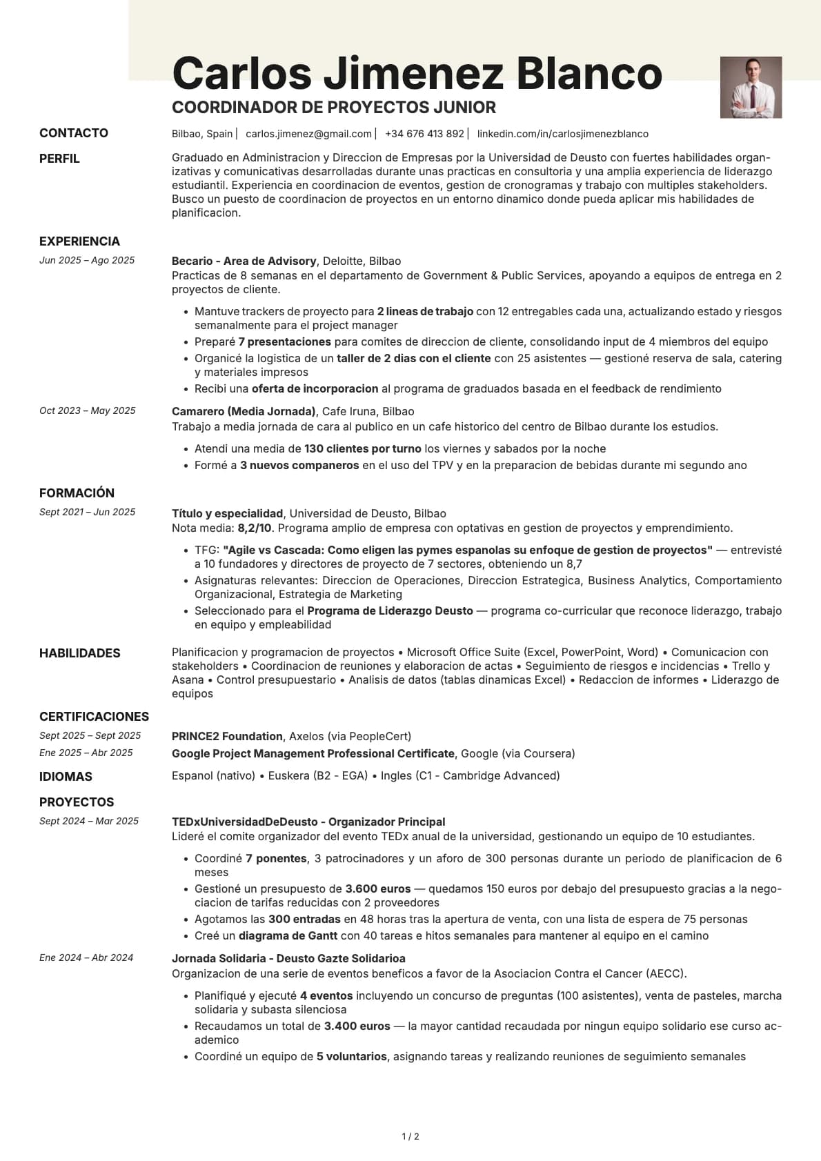 Coordinador/a de Proyectos Junior resume example