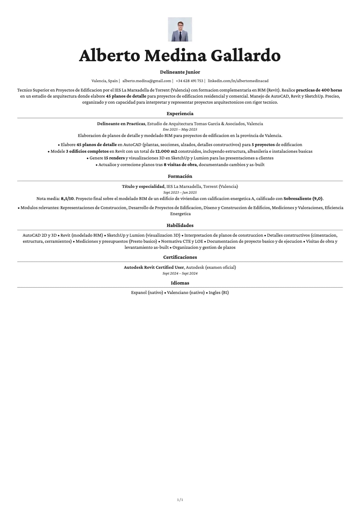 Delineante Junior resume example