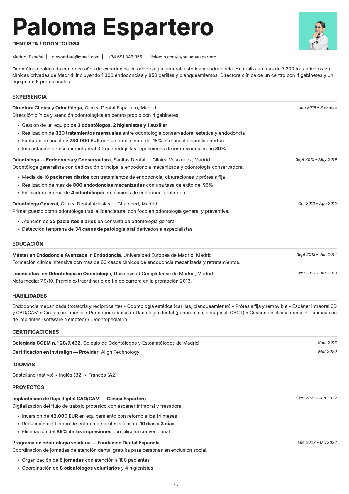 Dentista / Odontólogo resume example