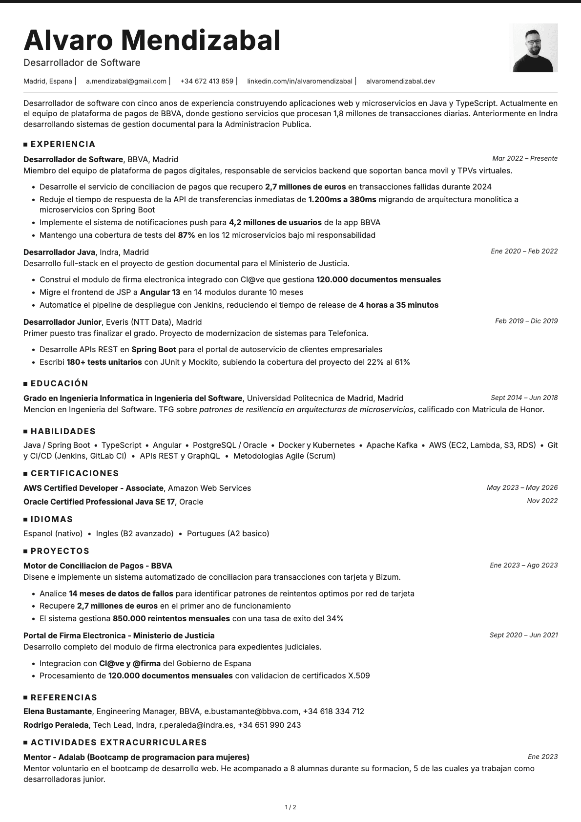 Desarrollador de Software resume example