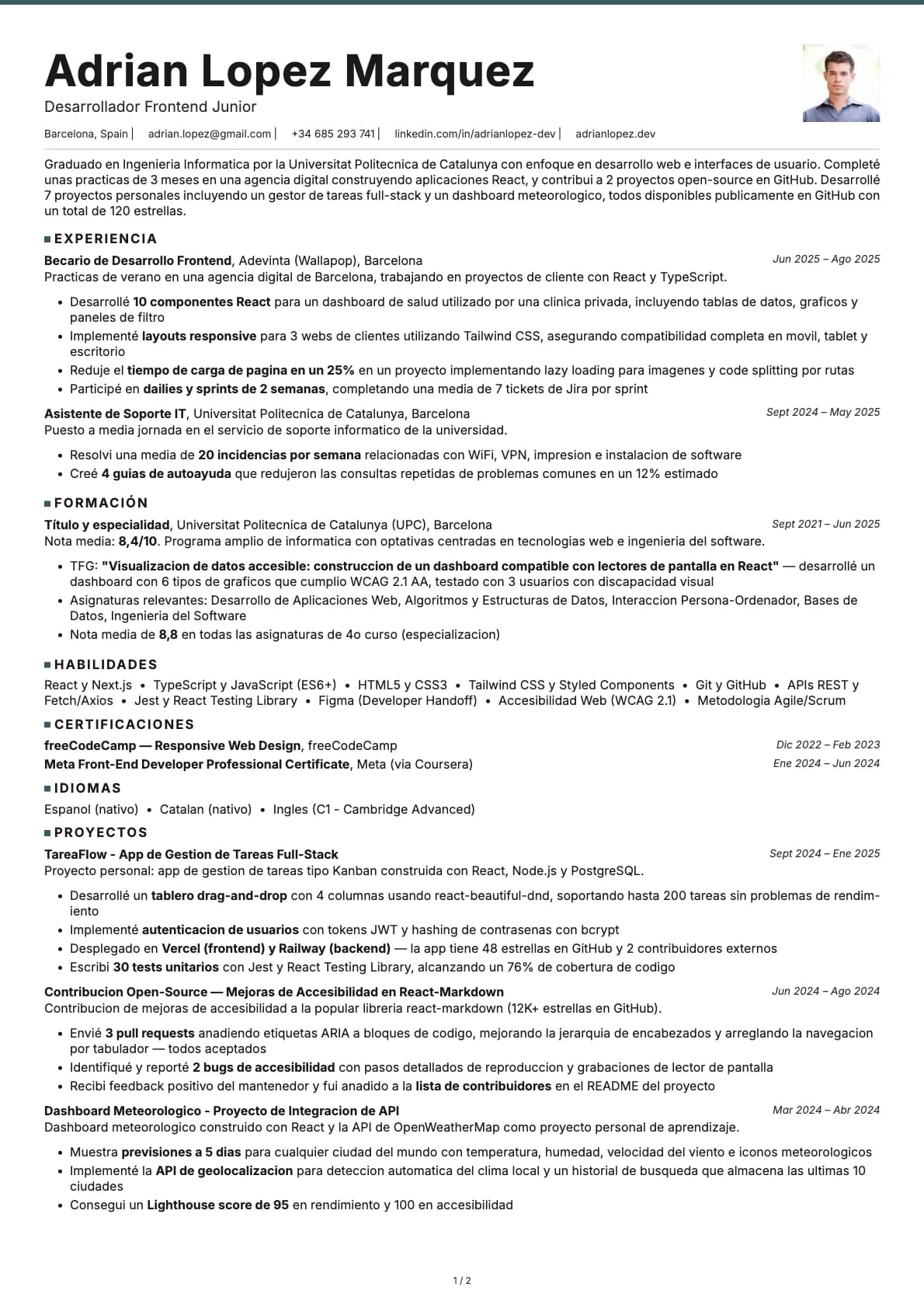 Desarrollador/a Frontend Junior resume example