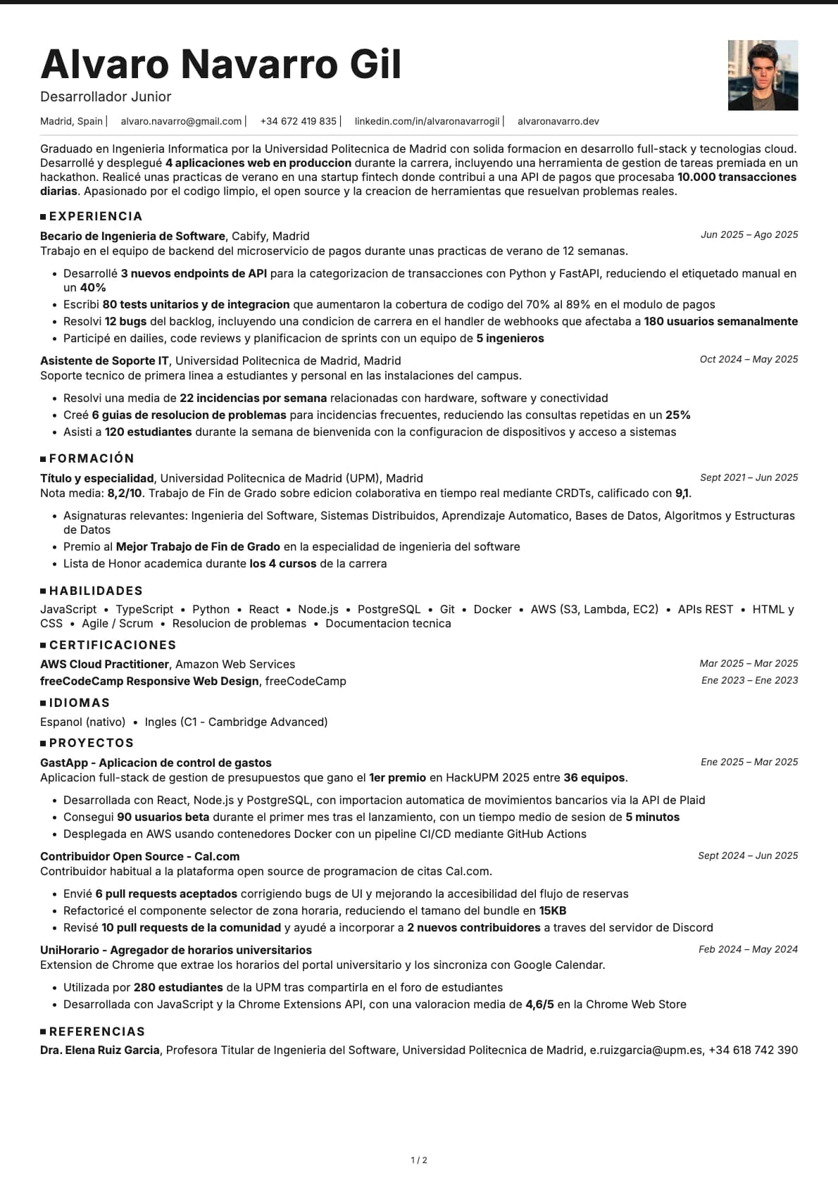 Desarrollador/a Junior resume example