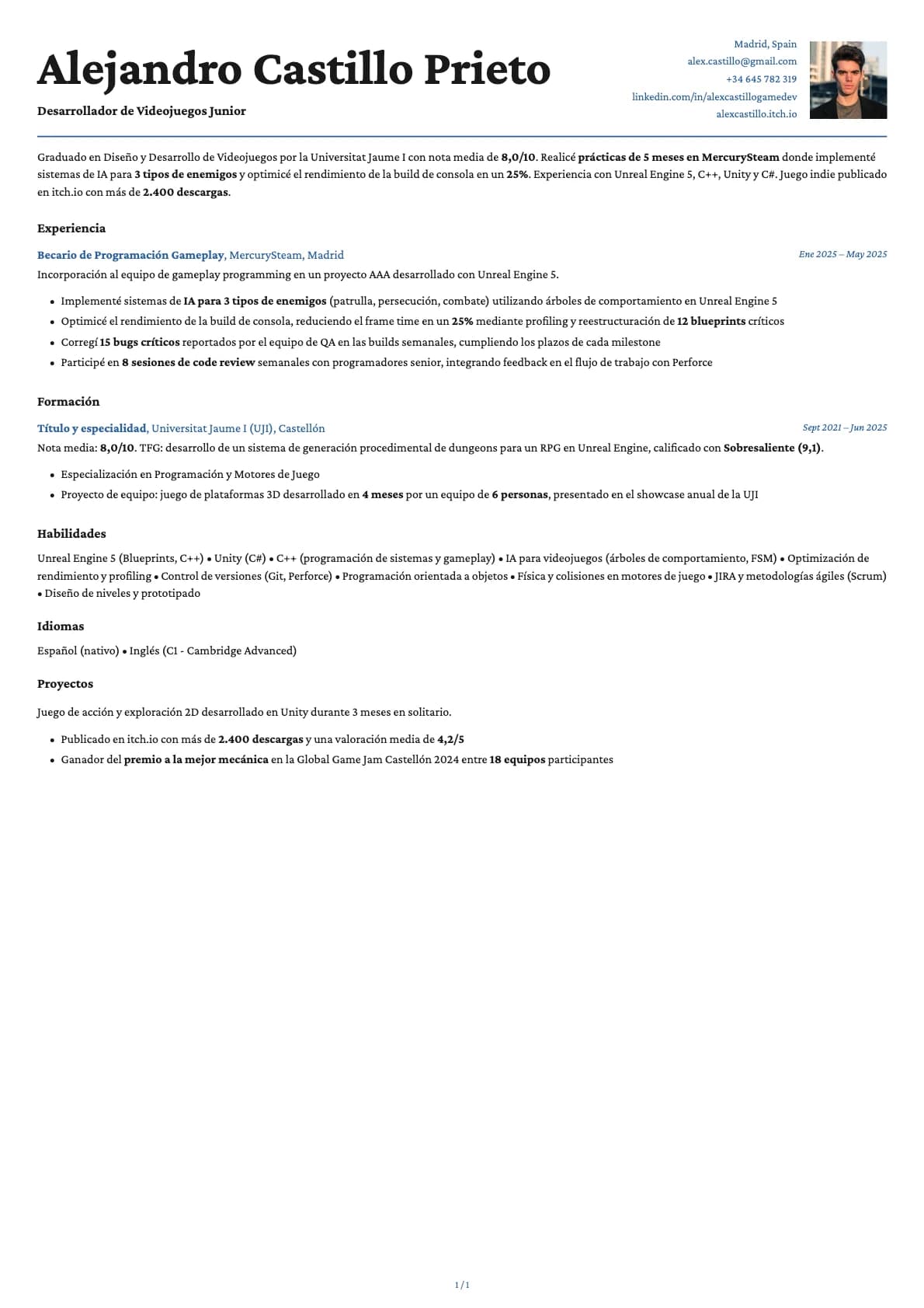 Desarrollador de Videojuegos Junior resume example