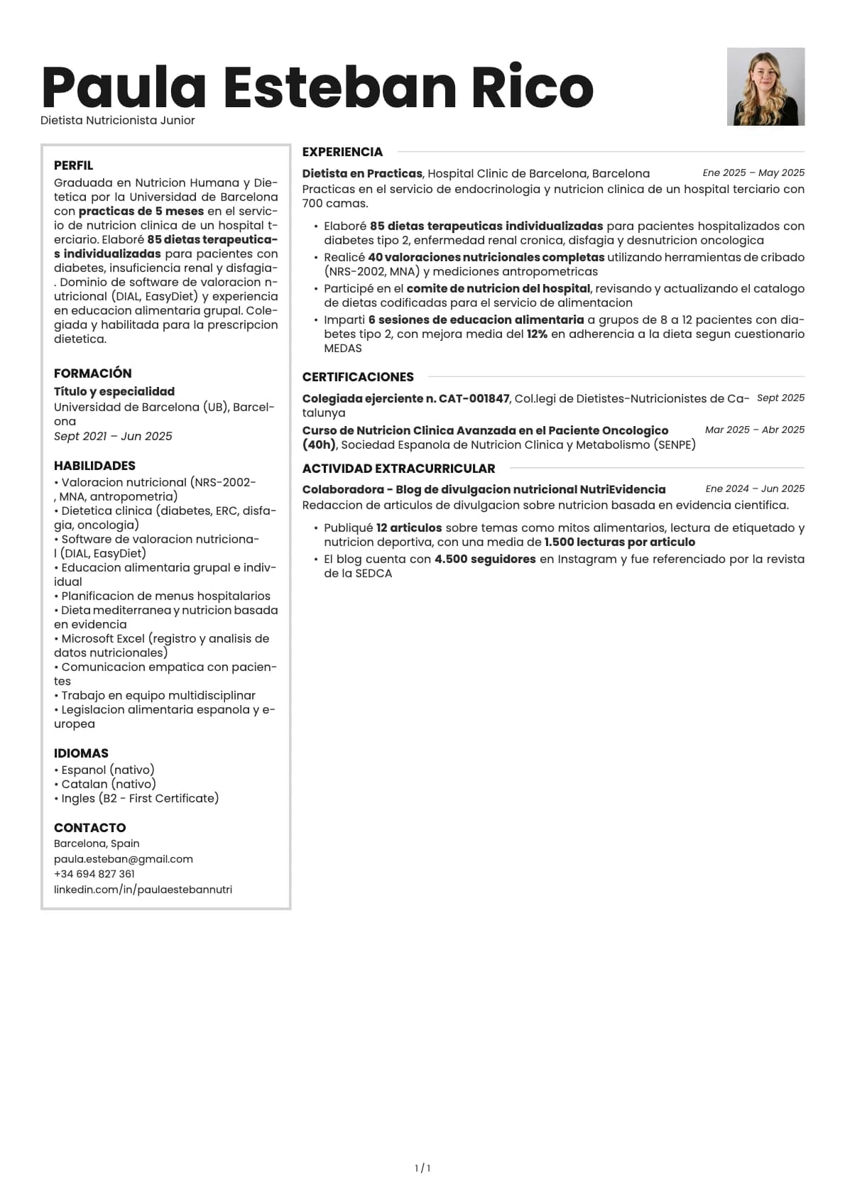 Dietista Nutricionista Junior resume example
