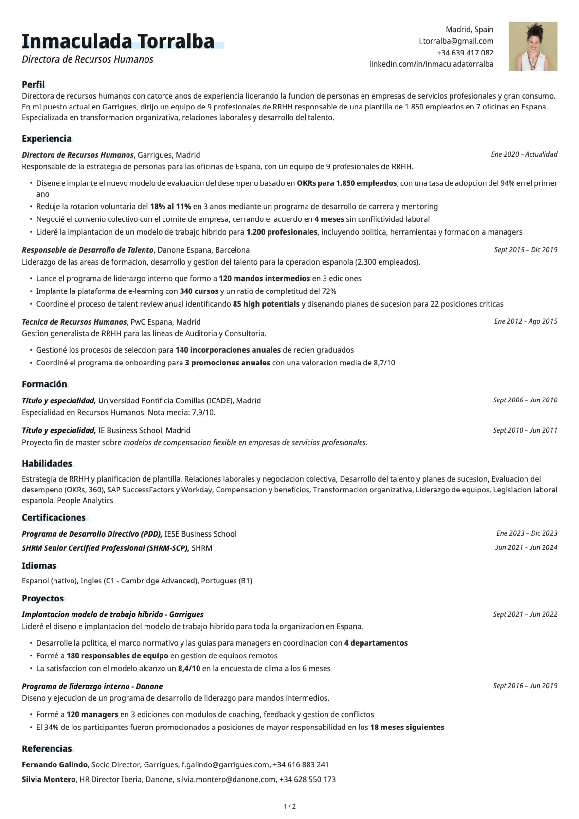 Director de Recursos Humanos resume example