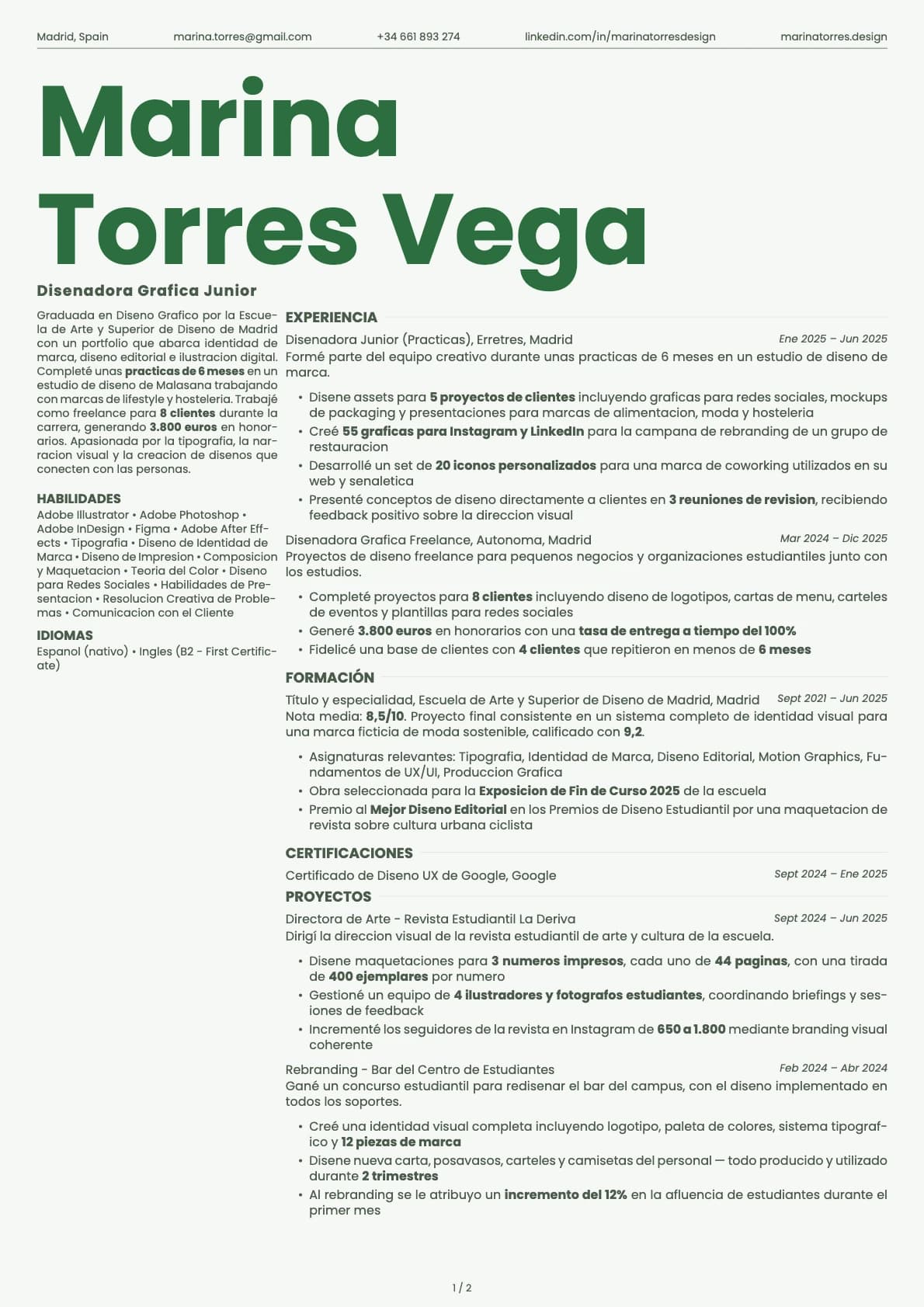 Diseñador/a Gráfico Junior resume example