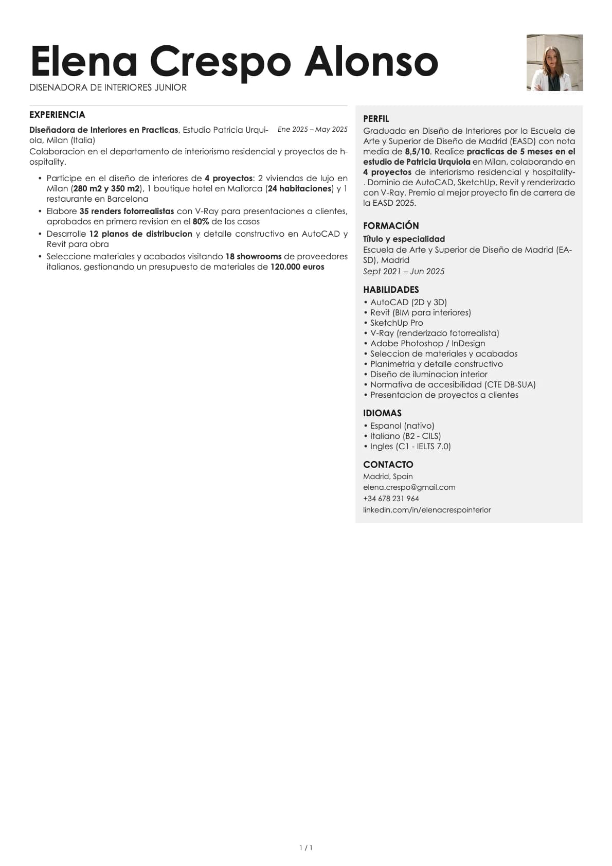 Disenadora de Interiores Junior resume example
