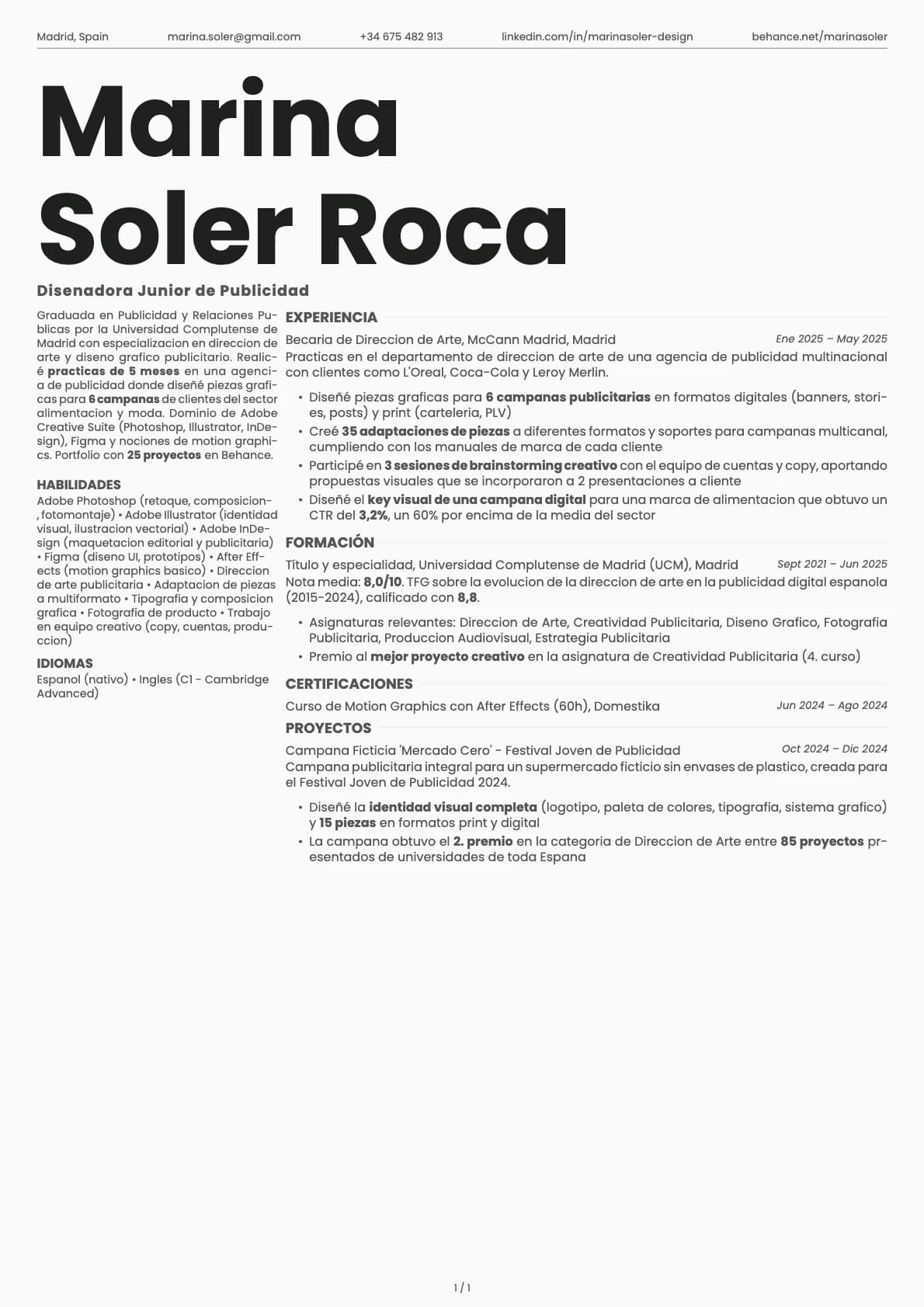 Diseñador Junior de Publicidad resume example