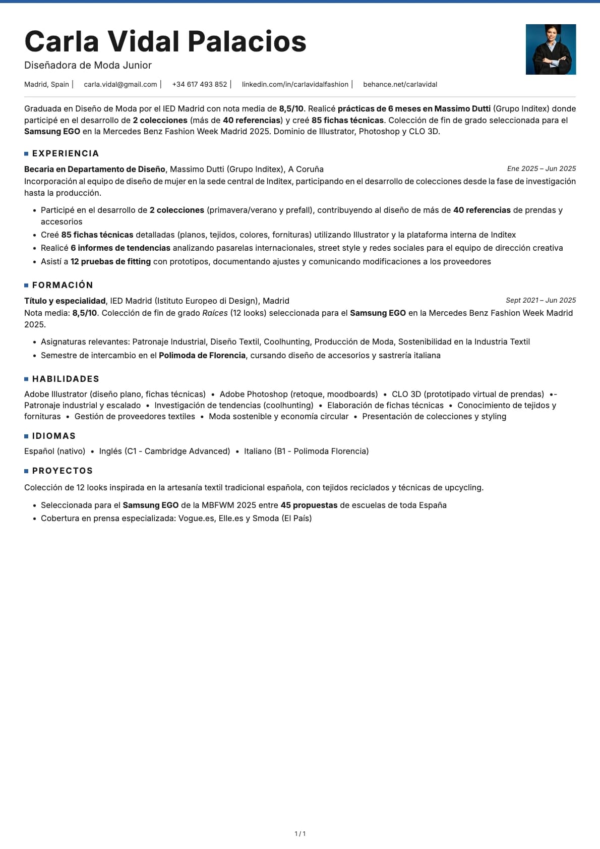 Diseñador de Moda Junior resume example