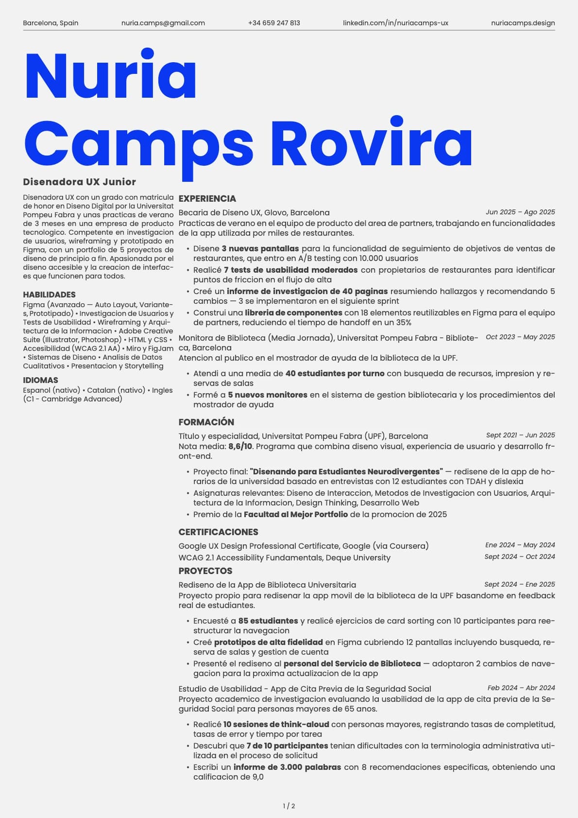 Diseñador/a UX Junior resume example