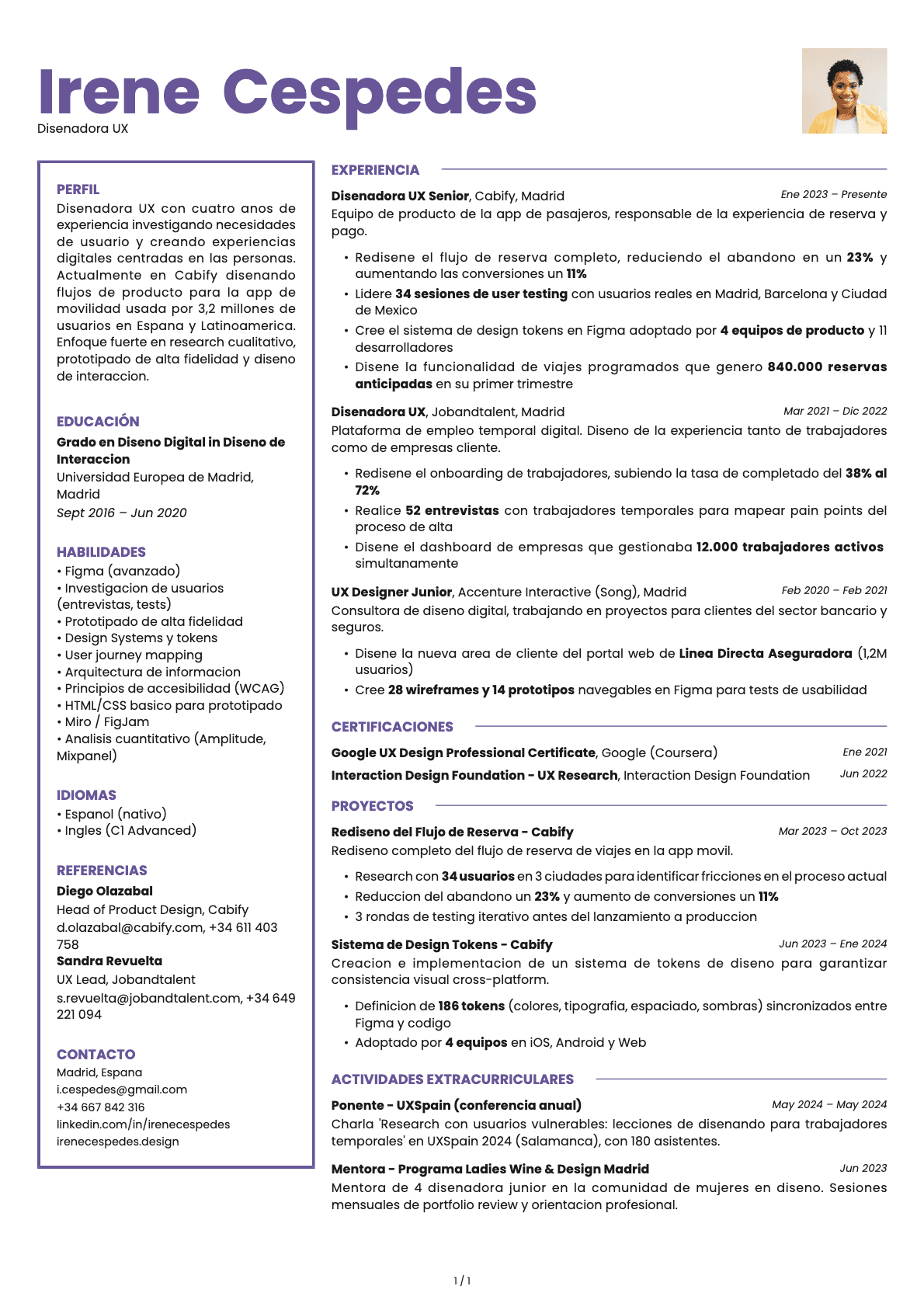 Diseñador UX resume example