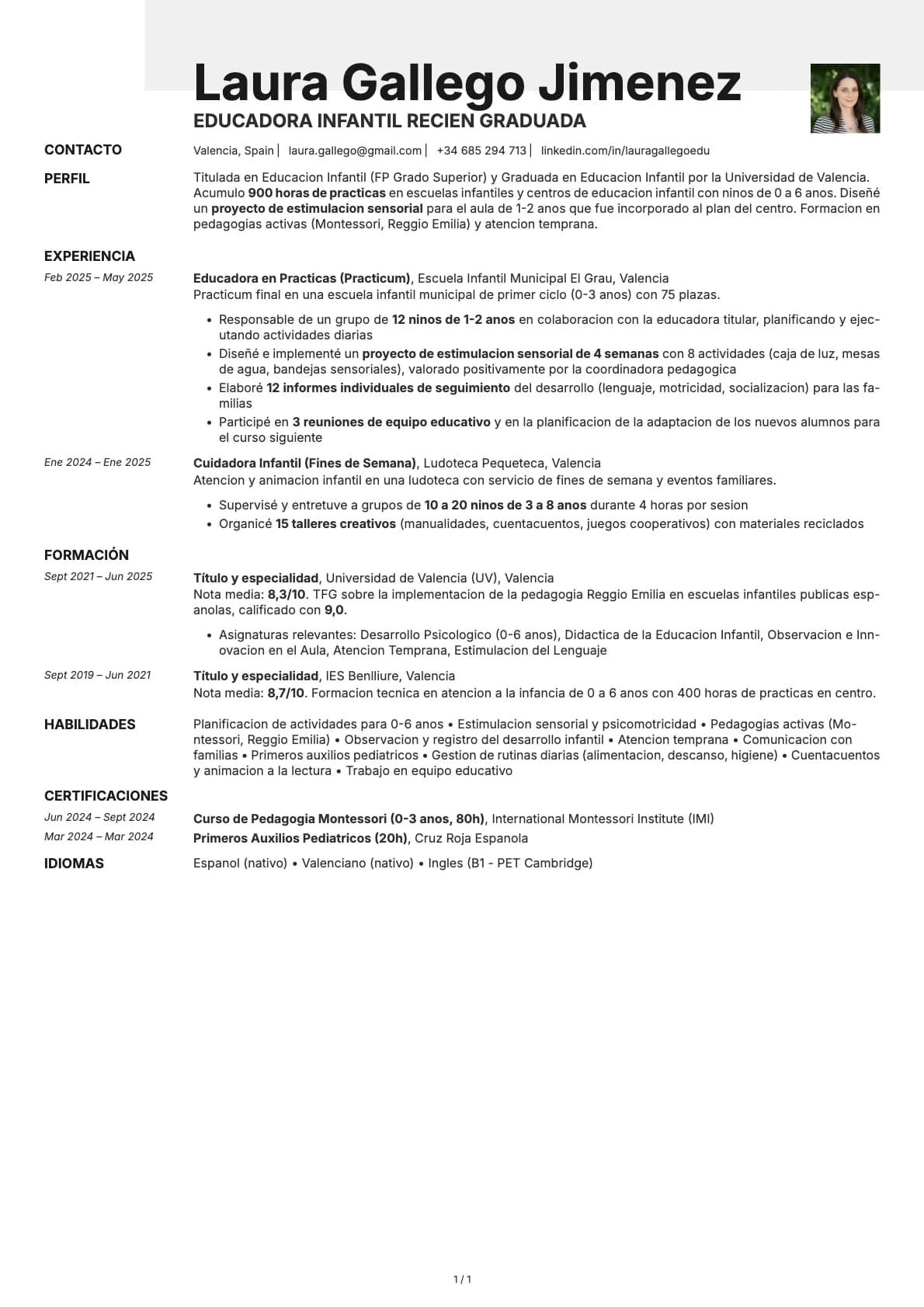 Educador Infantil Recién Graduado resume example