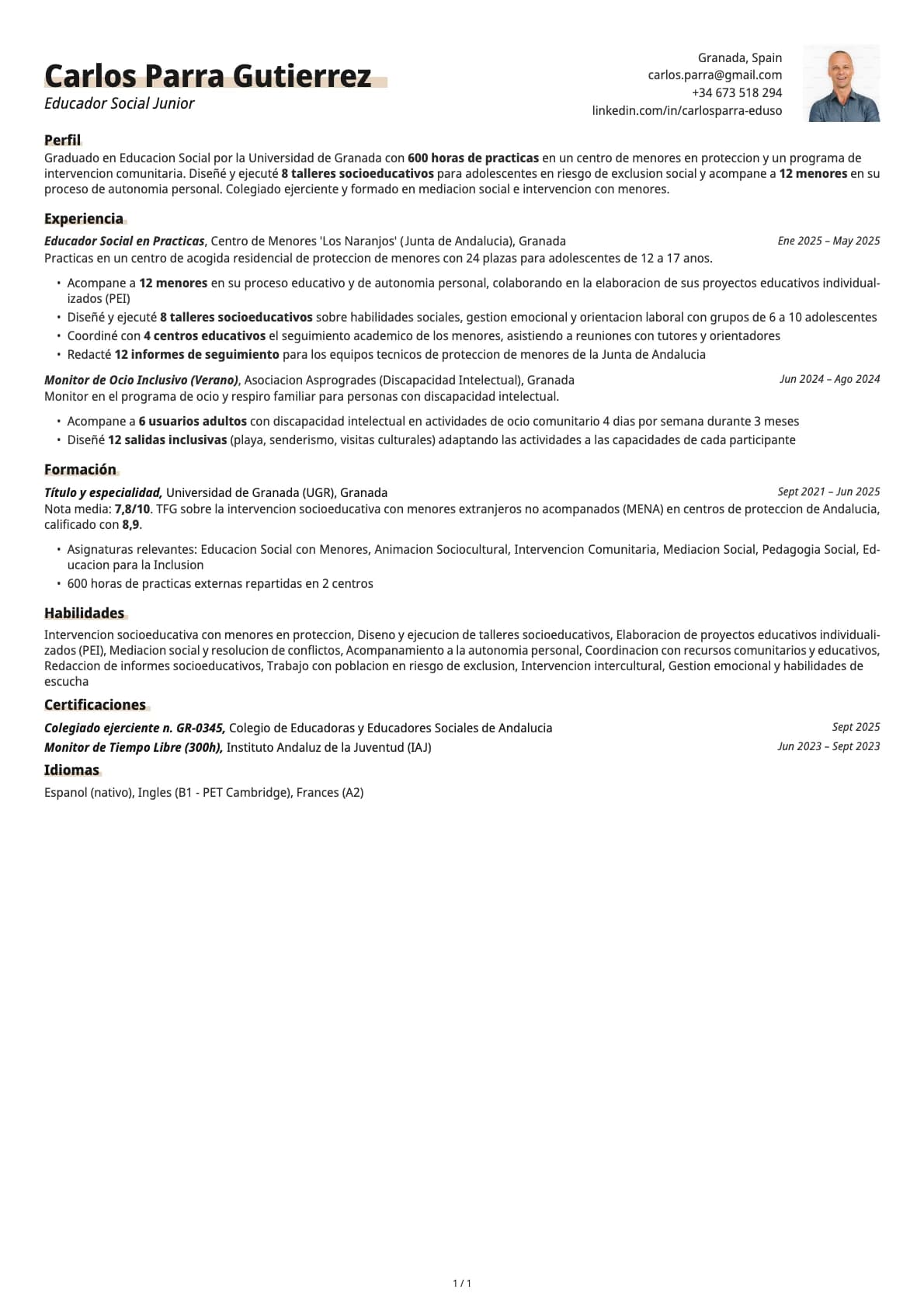 Educador Social Junior resume example