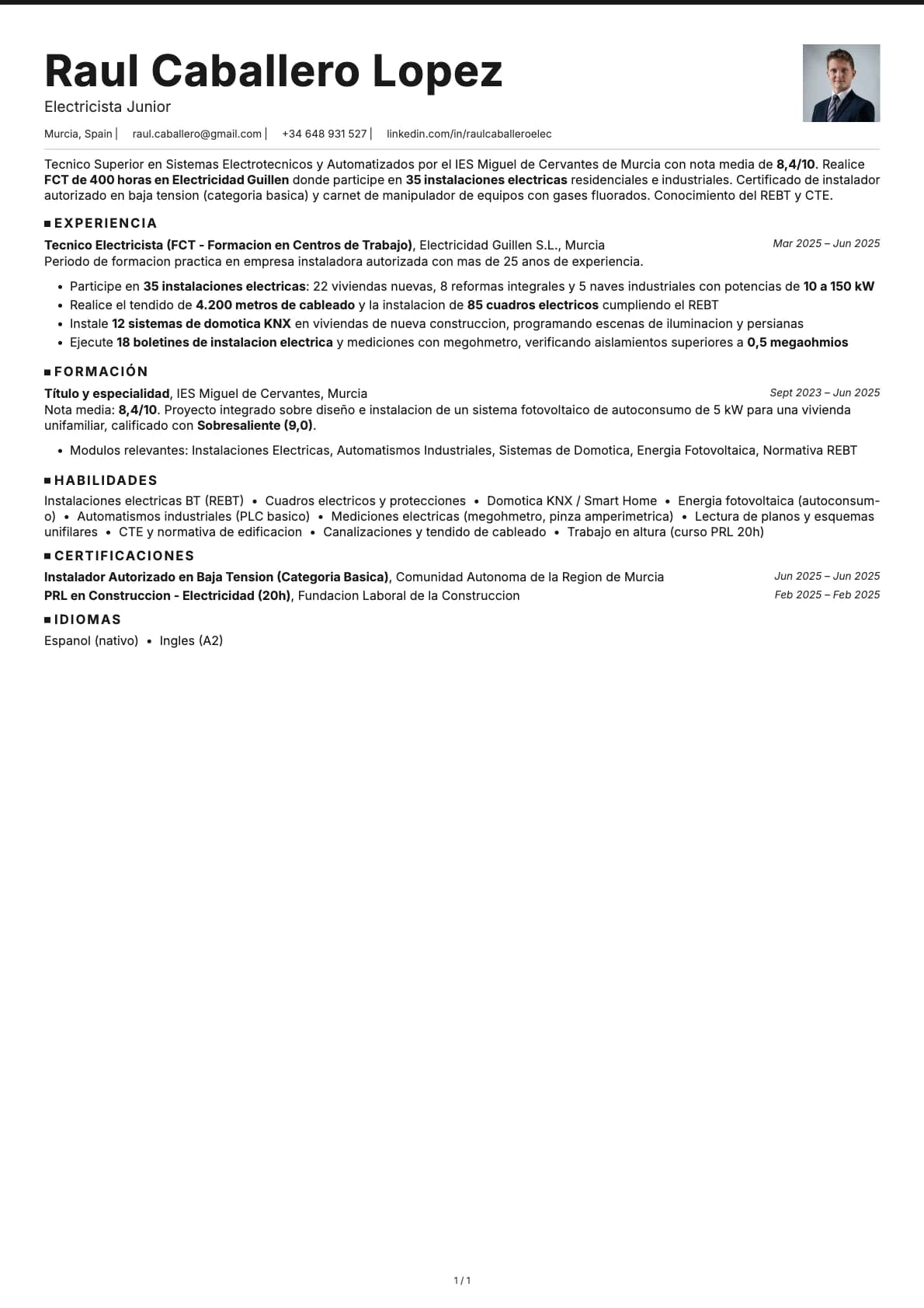 Electricista Junior resume example
