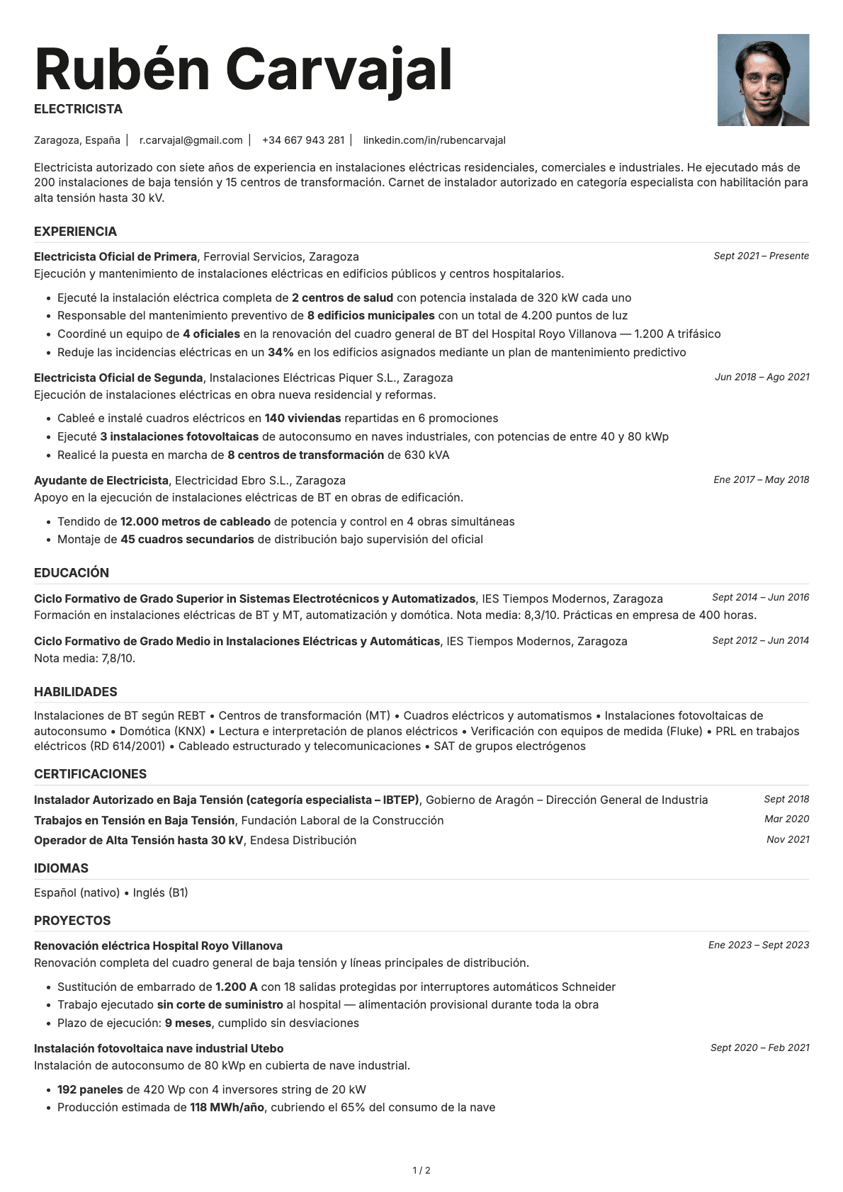 Electricista resume example