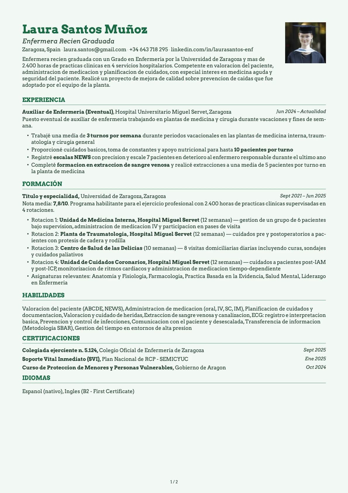 Enfermero/a Recién Graduado resume example
