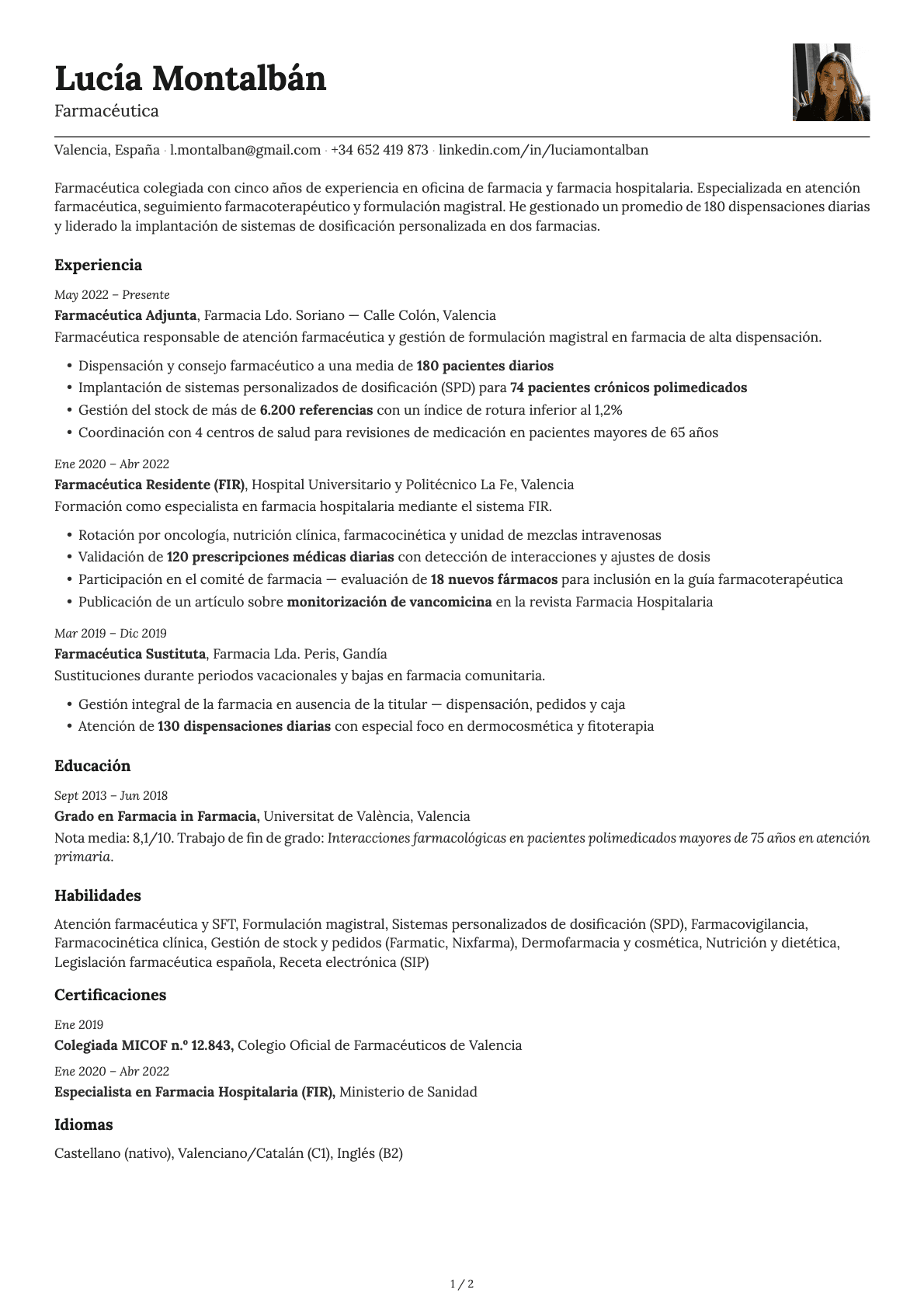 Farmacéutico resume example