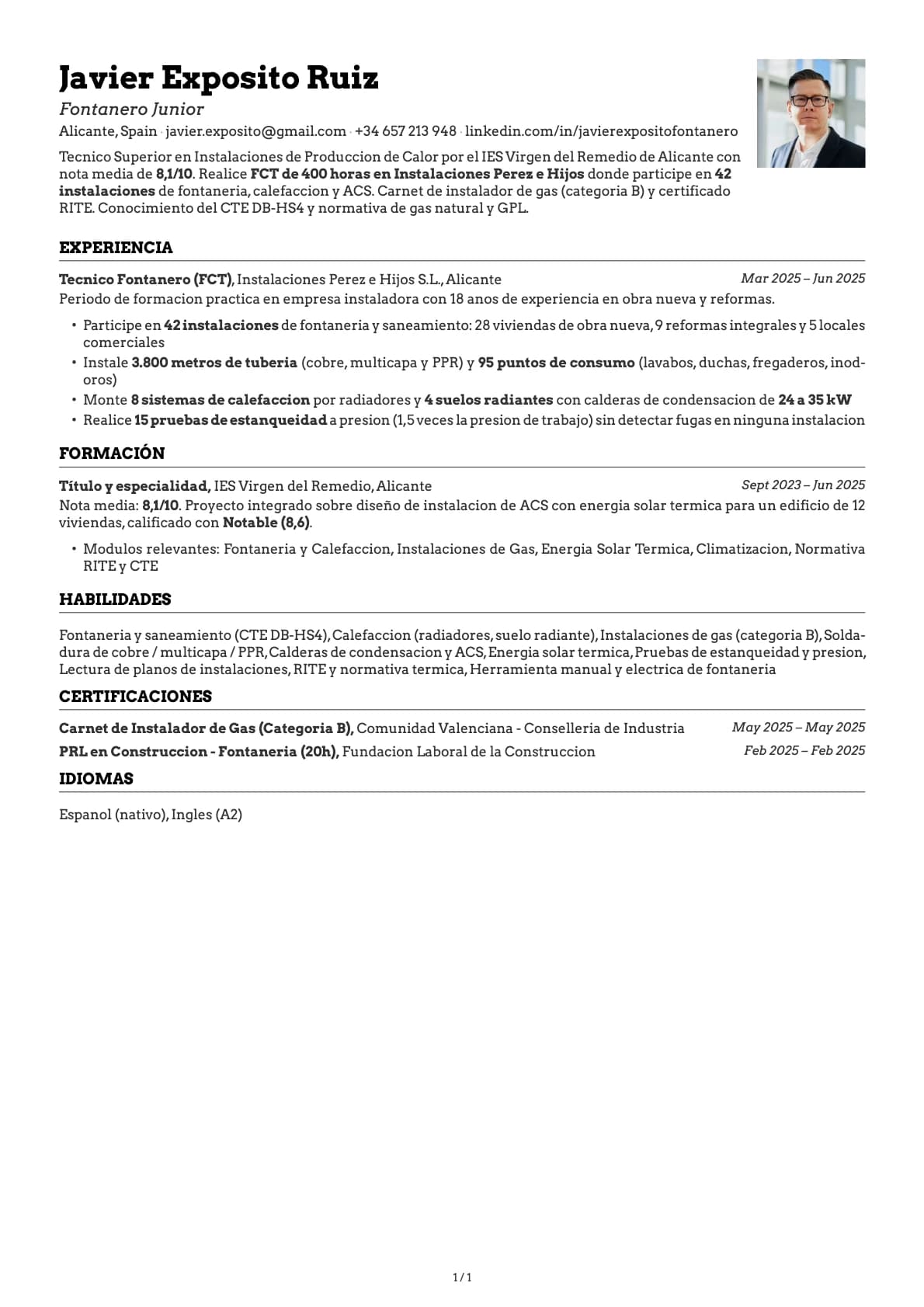 Fontanero Junior resume example