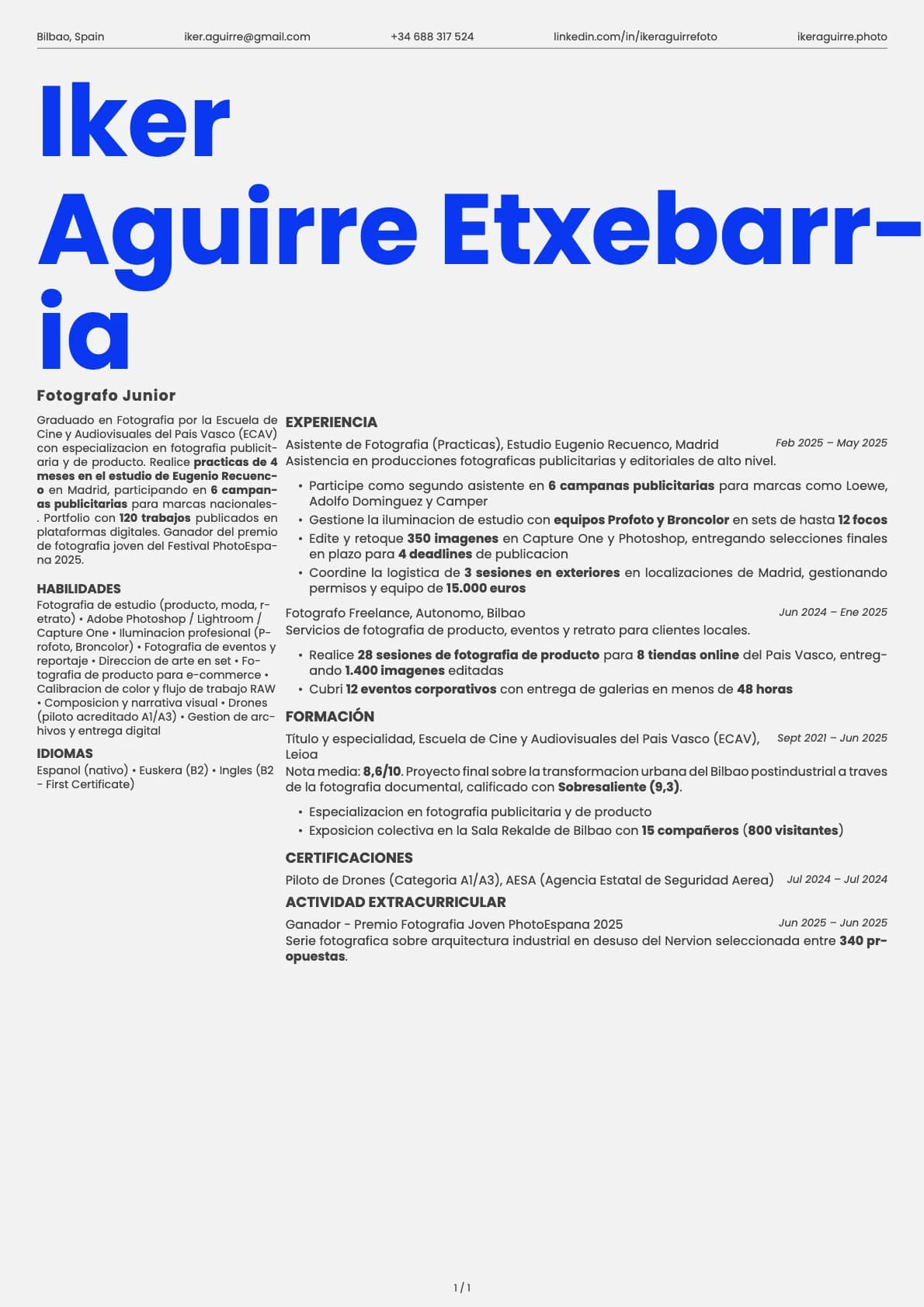 Fotografo Junior resume example