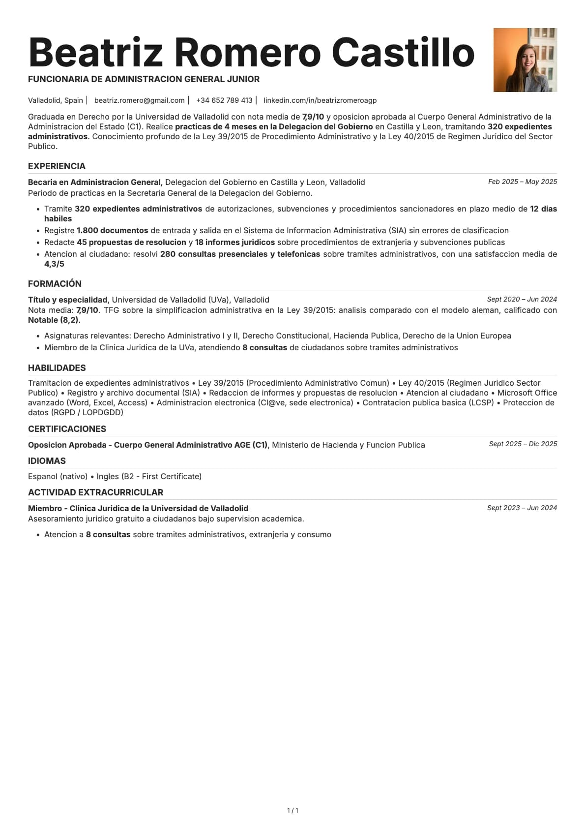 Funcionaria de Administracion General Junior resume example