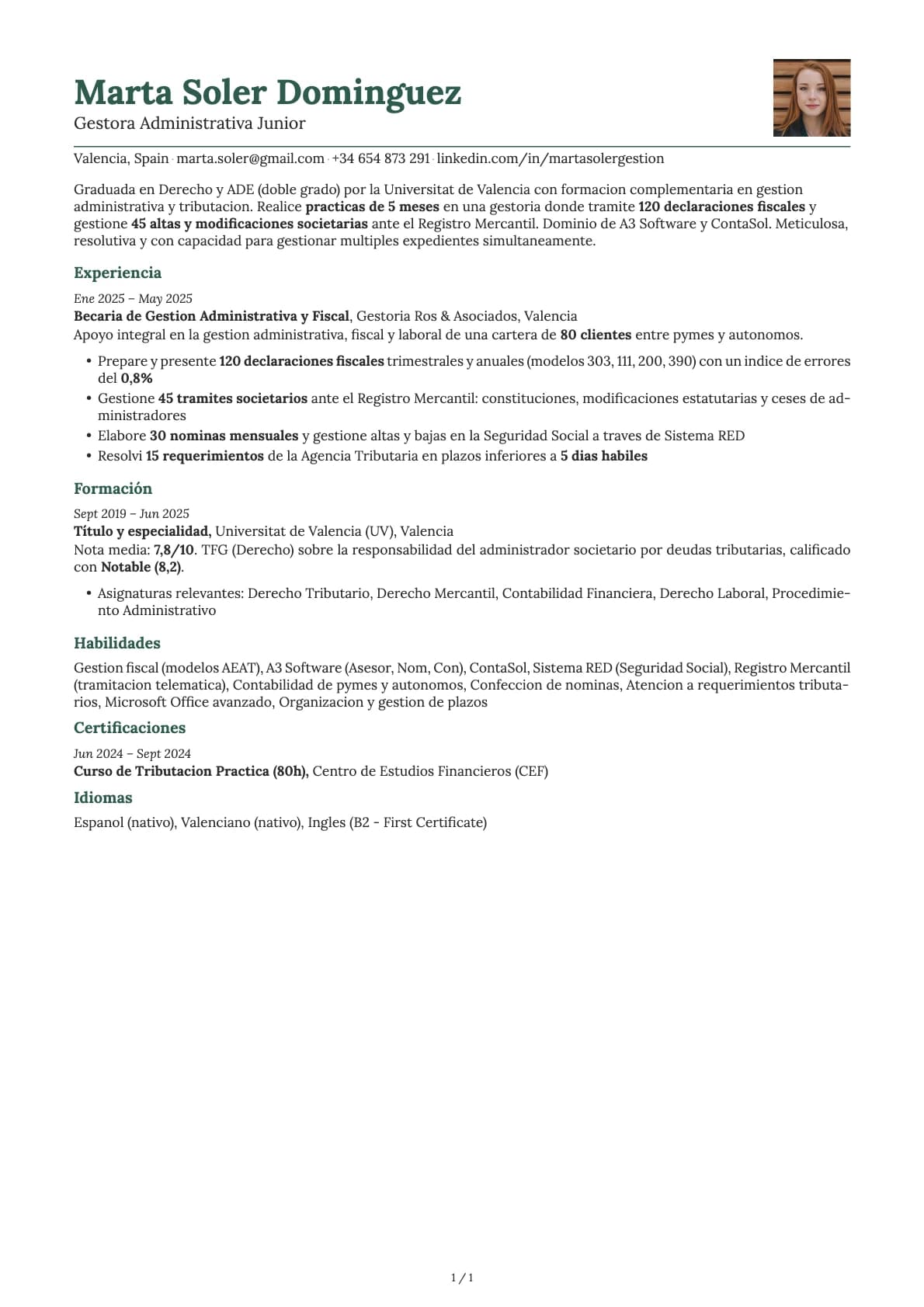 Gestora Administrativa Junior resume example