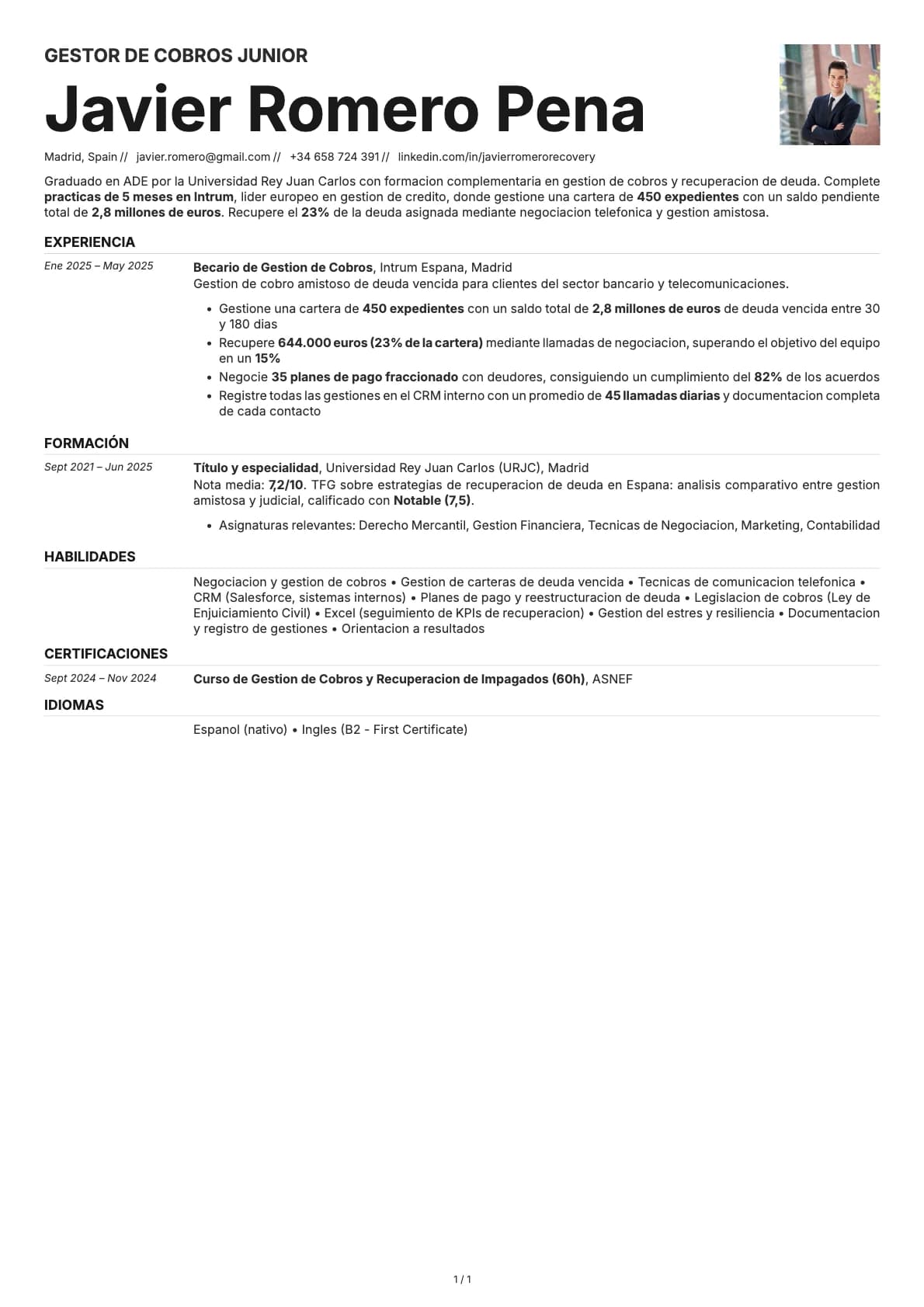 Gestor de Cobros Junior resume example