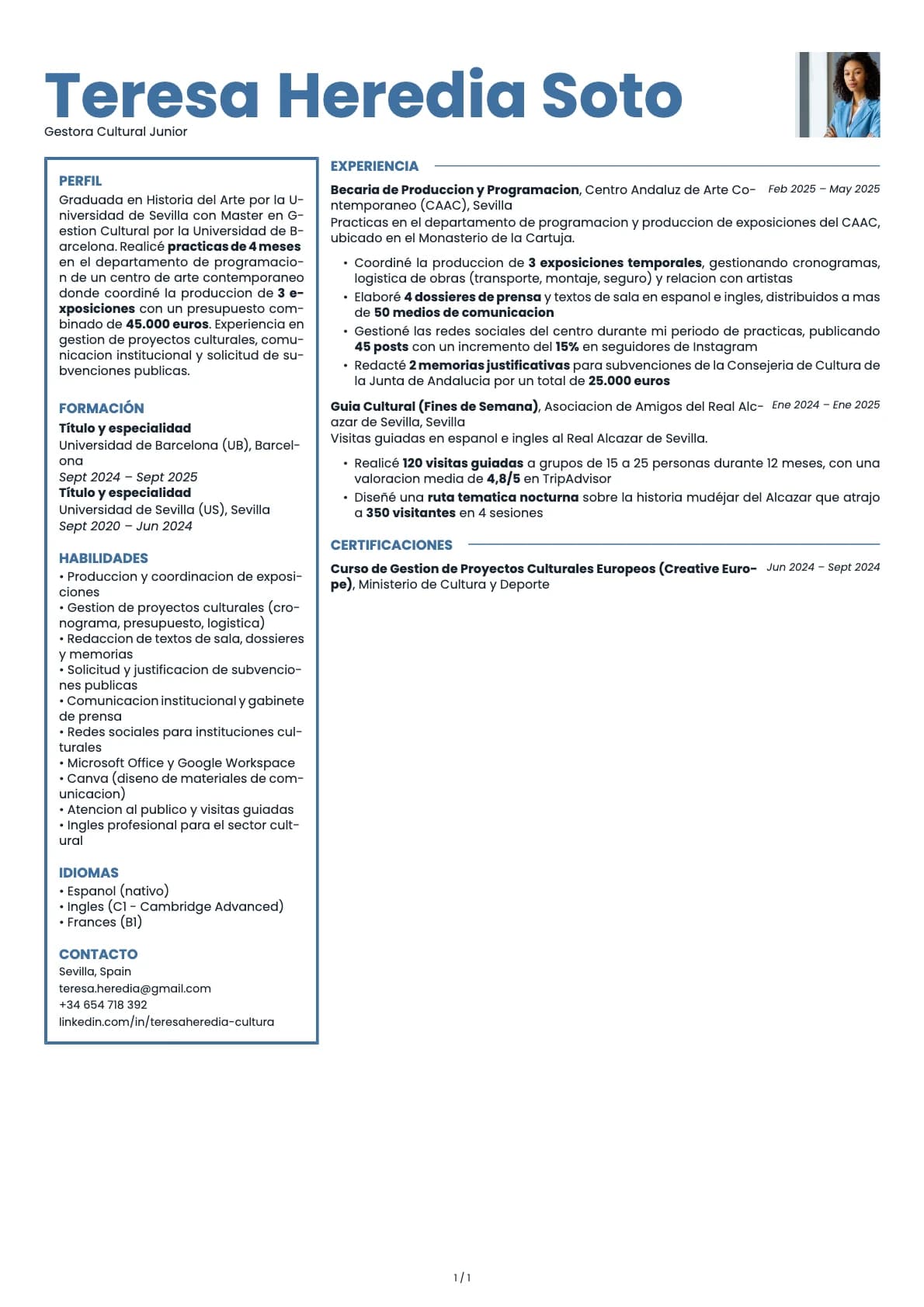 Gestor Cultural Junior resume example