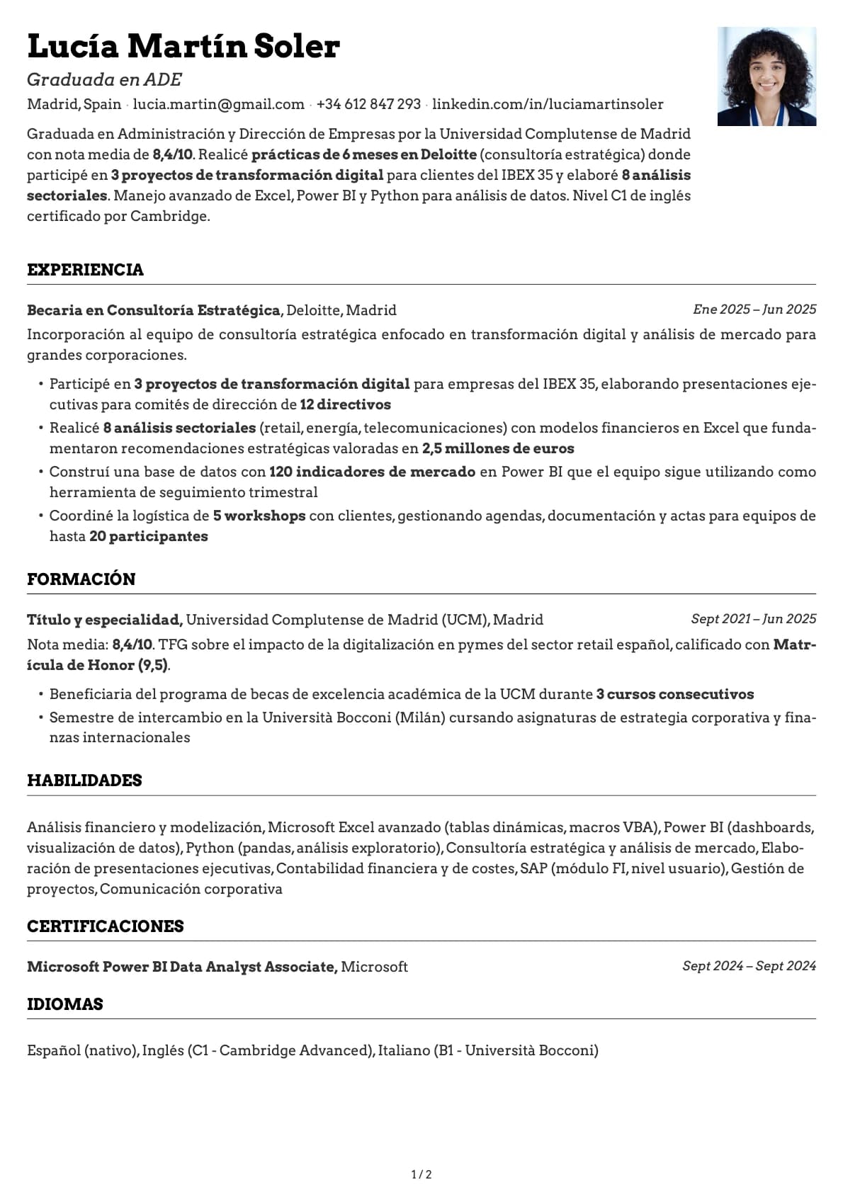 Graduado en ADE resume example