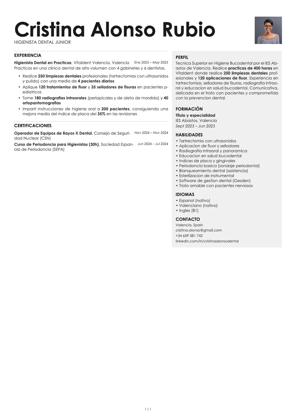 Higienista Dental Junior resume example