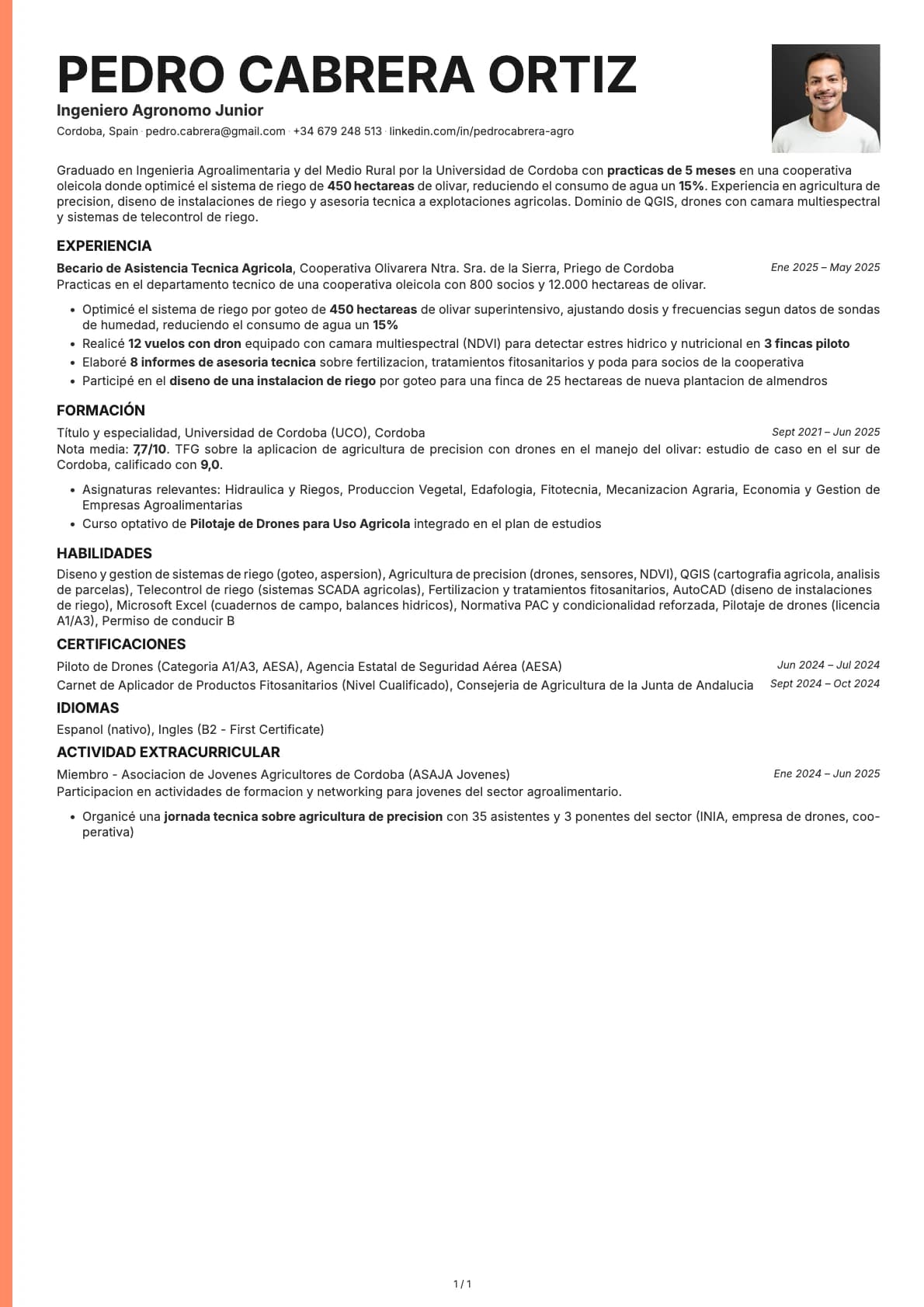 Ingeniero Agrónomo Junior resume example