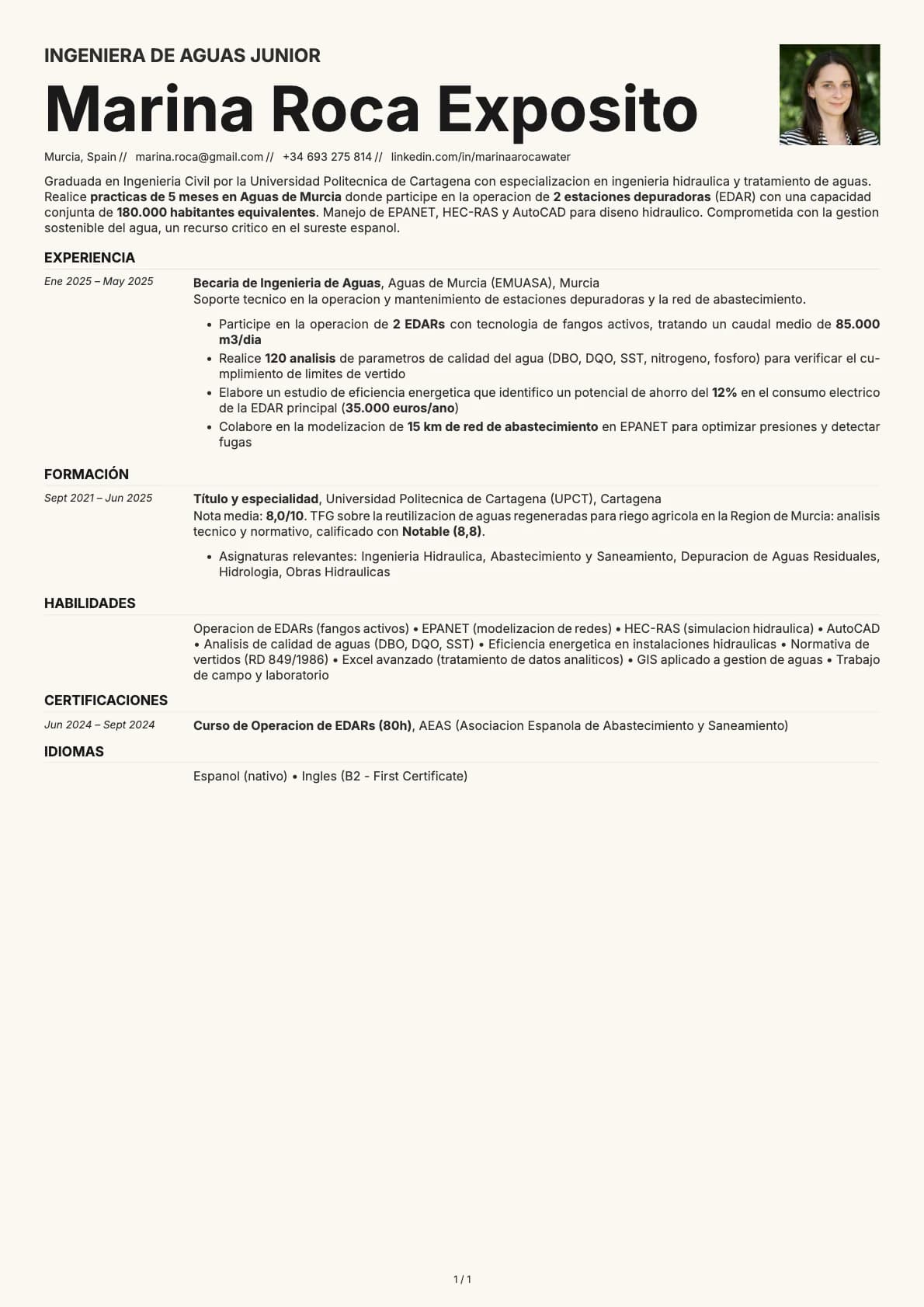 Ingeniera de Aguas Junior resume example