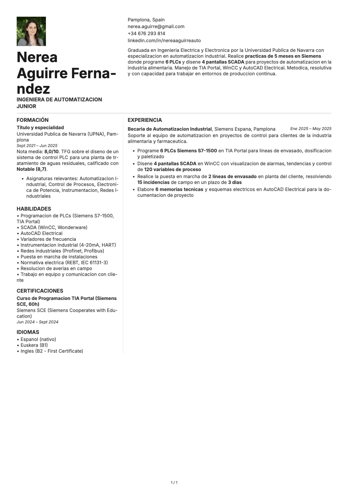 Ingeniera de Automatizacion Junior resume example
