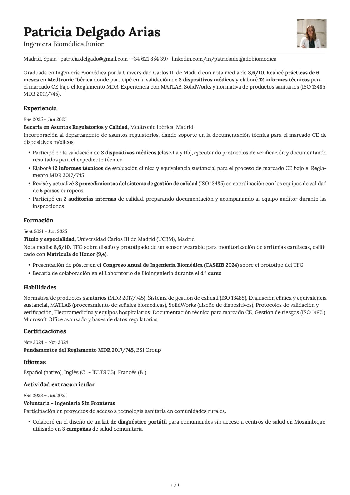 Ingeniero Biomédico Junior resume example