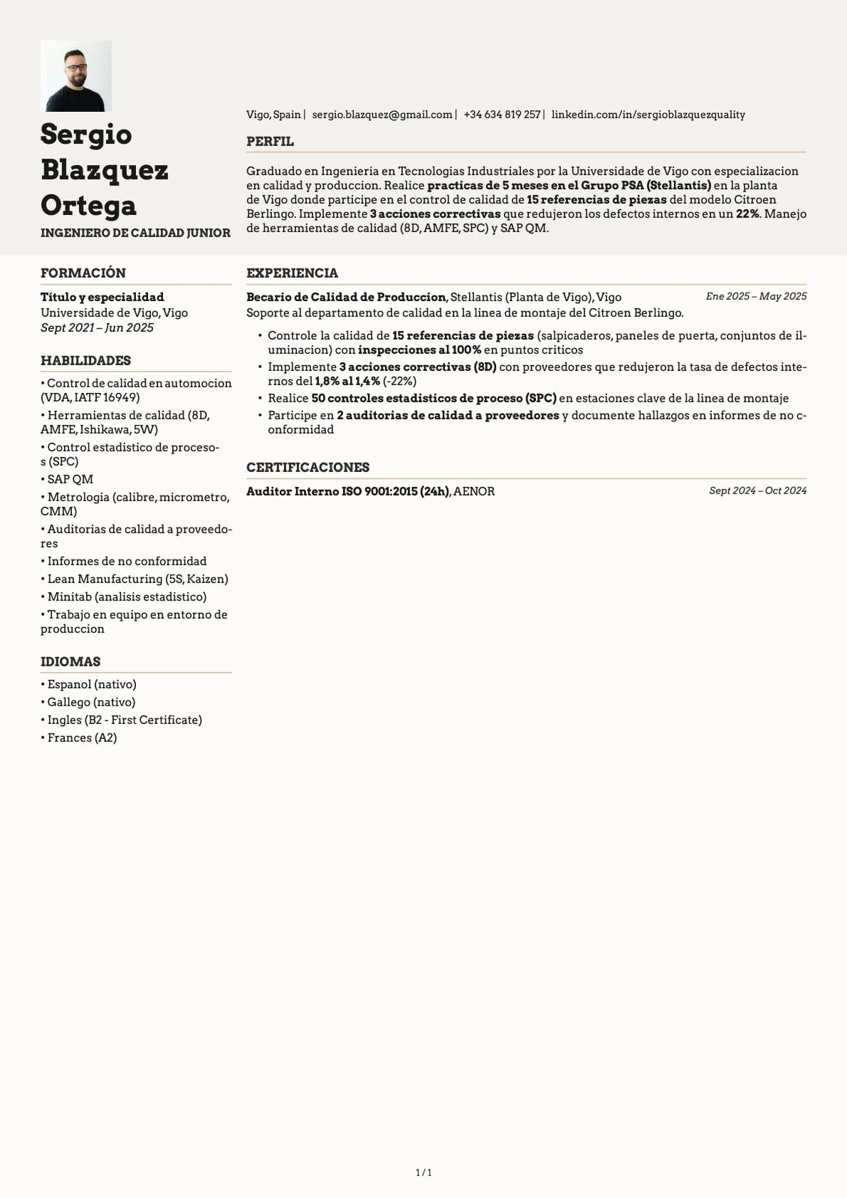 Ingeniero de Calidad Junior resume example