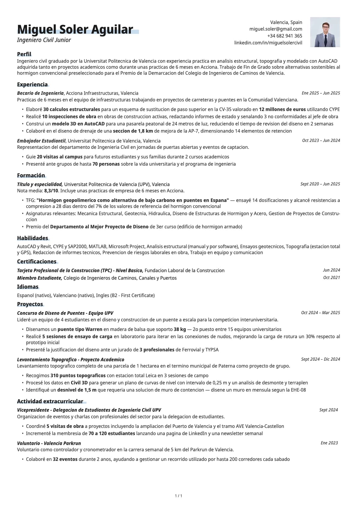 Ingeniero/a Civil Junior resume example