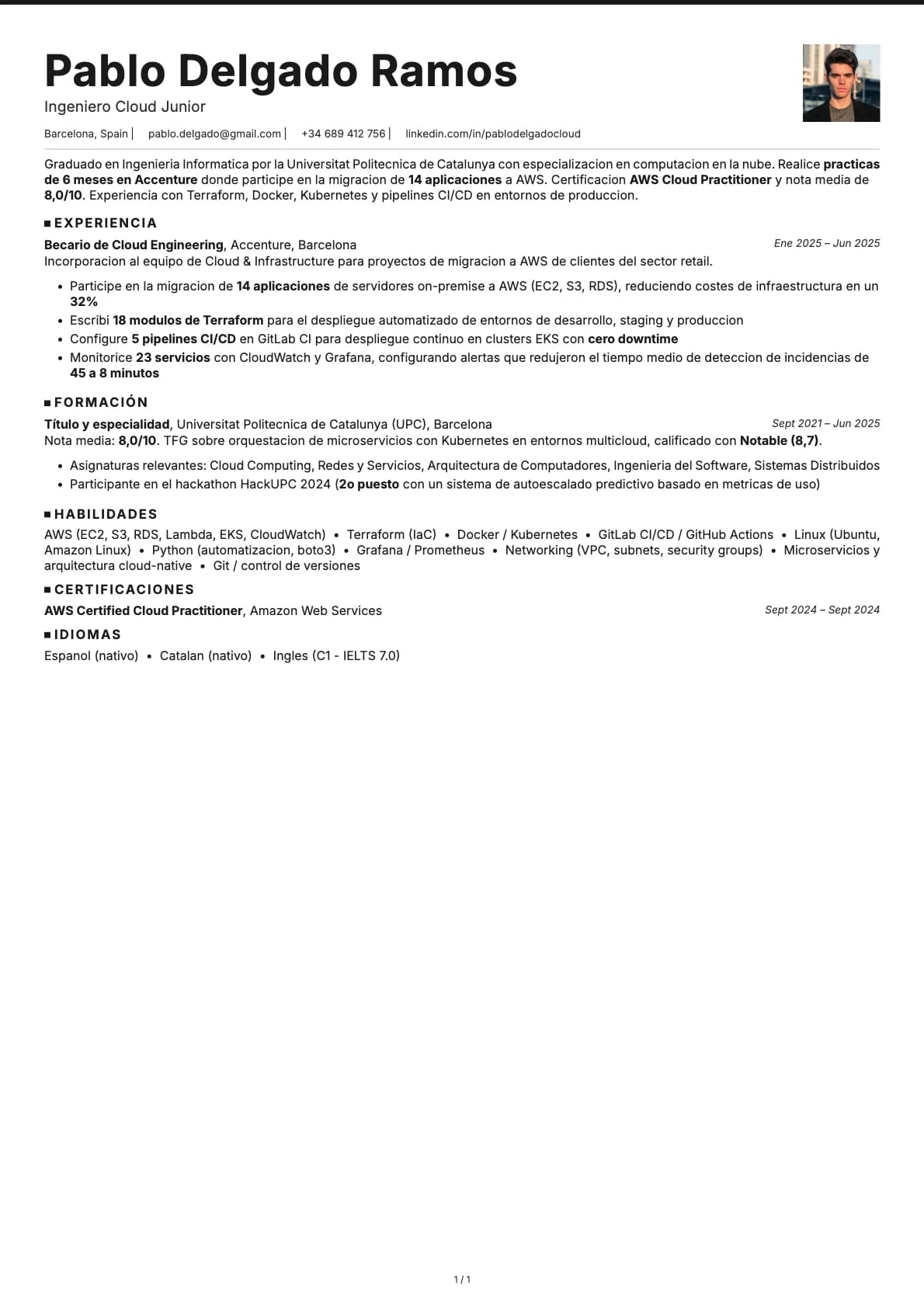 Ingeniero Cloud Junior resume example