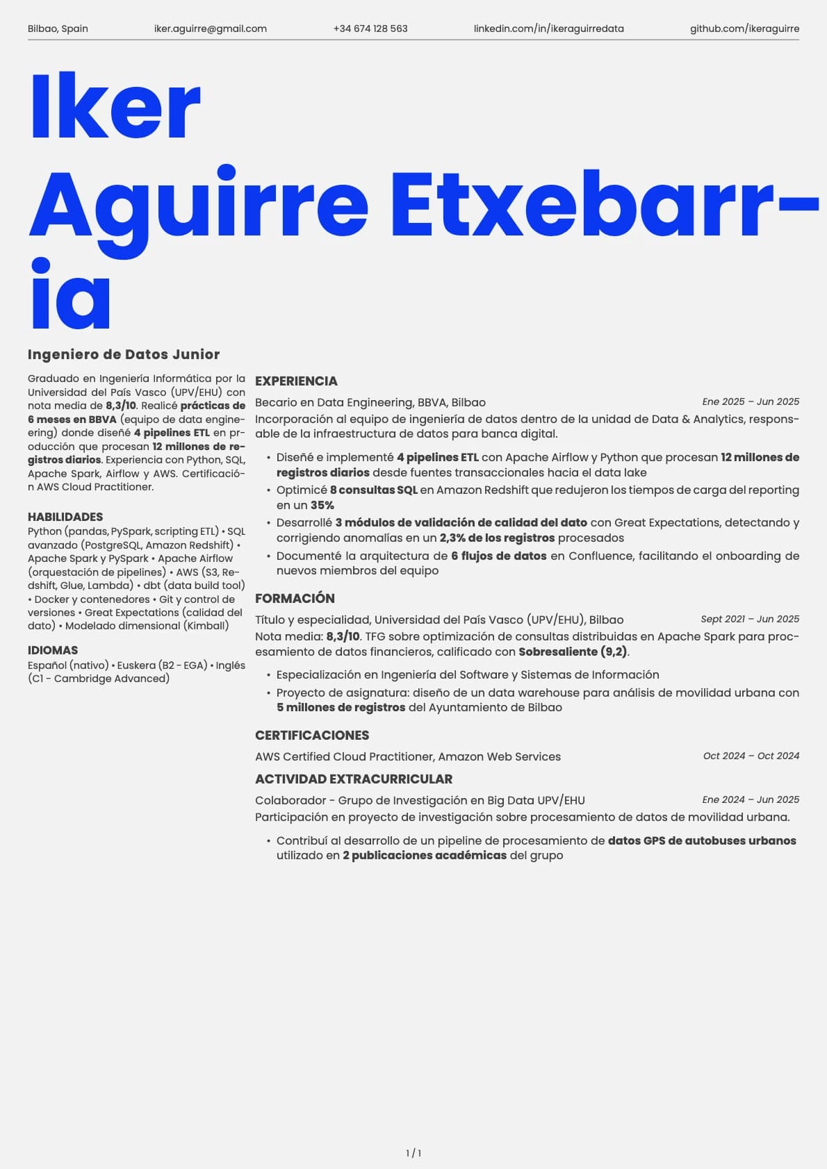 Ingeniero de Datos Junior resume example