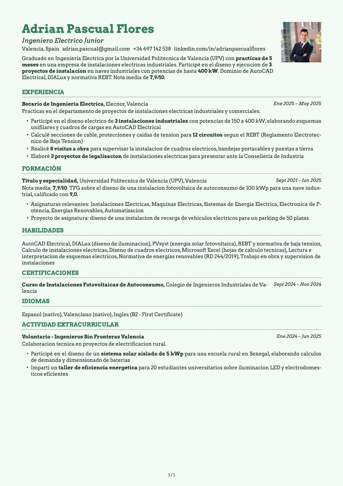 Ingeniero Eléctrico Junior resume example