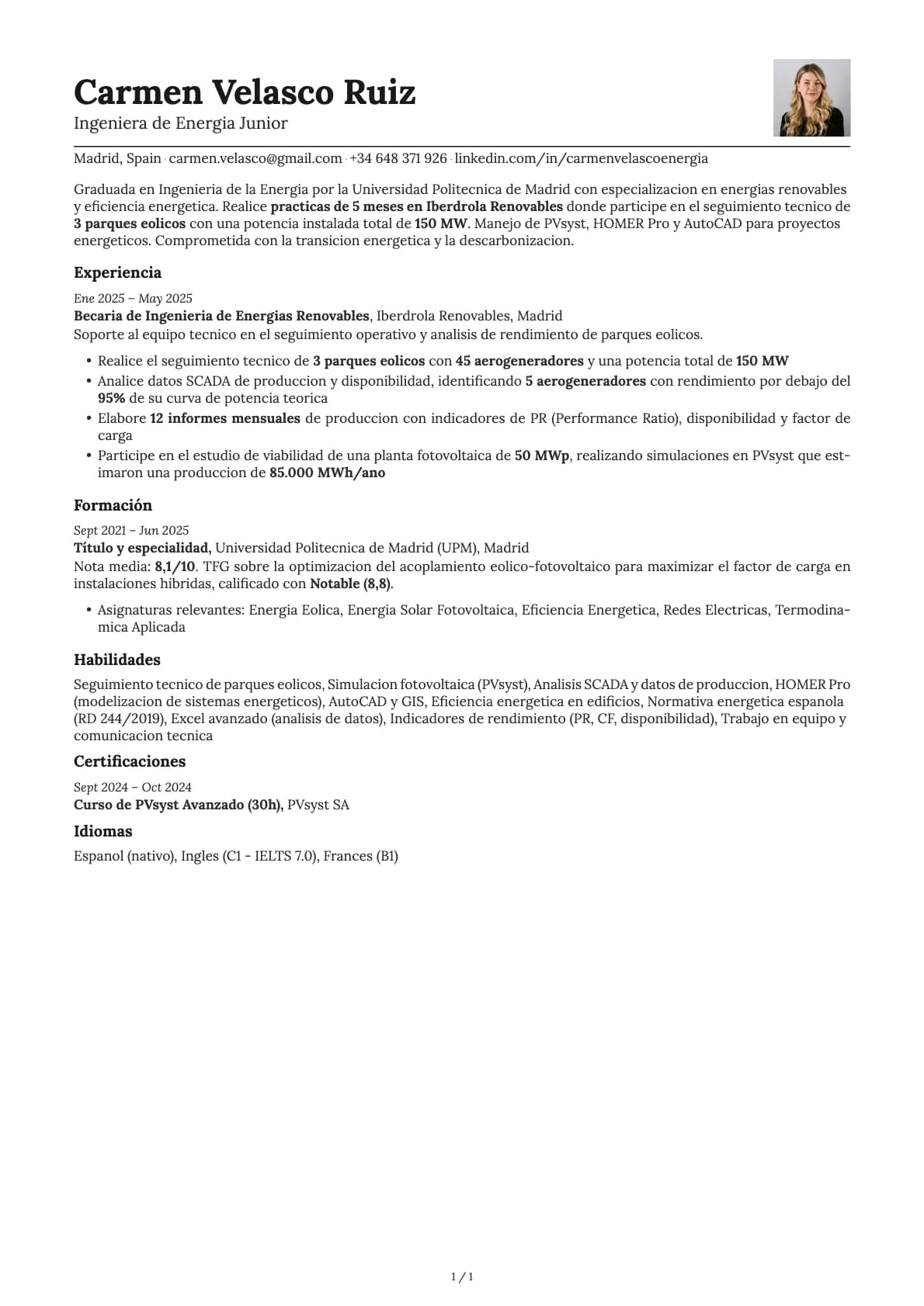 Ingeniera de Energia Junior resume example
