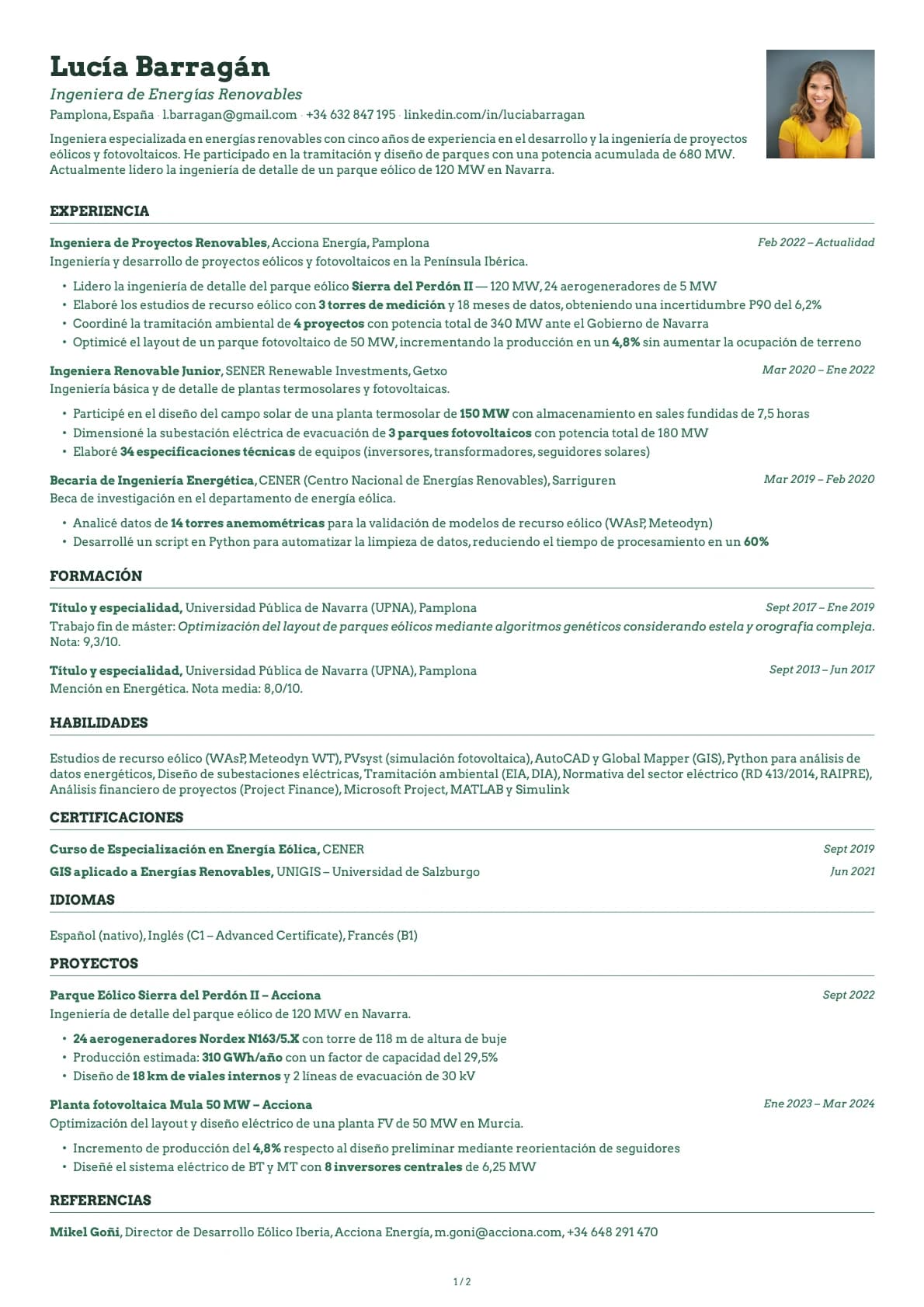 Ingeniero de Energías Renovables resume example