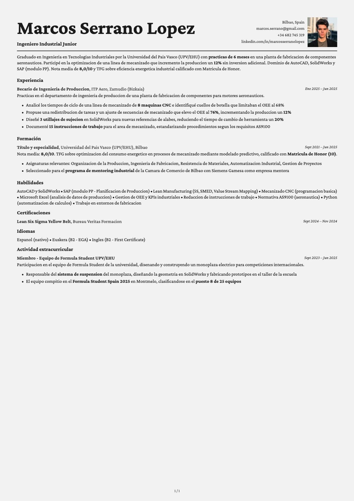 Ingeniero Industrial Junior resume example