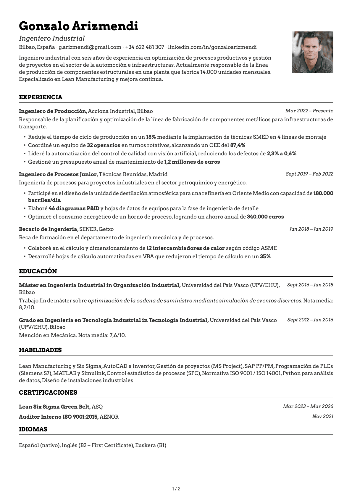 Ingeniero Industrial resume example