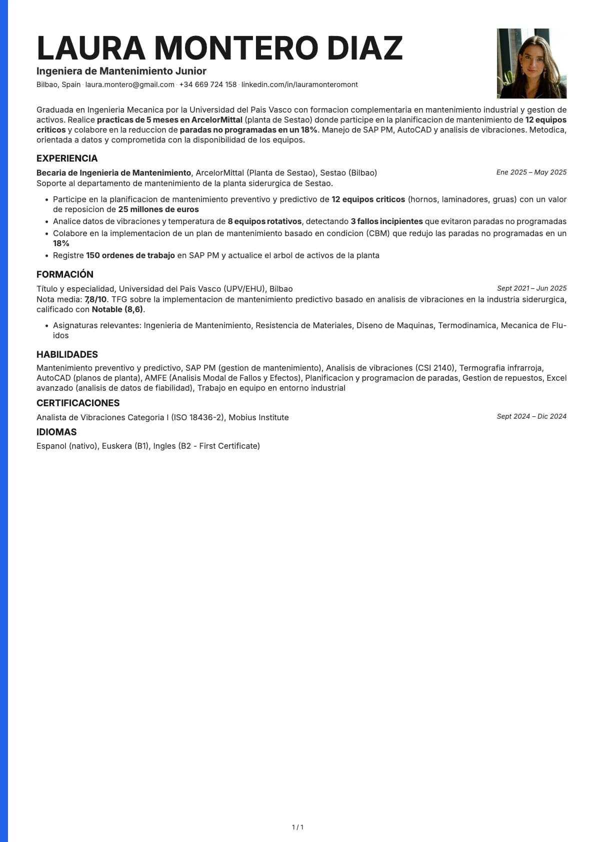 Ingeniera de Mantenimiento Junior resume example