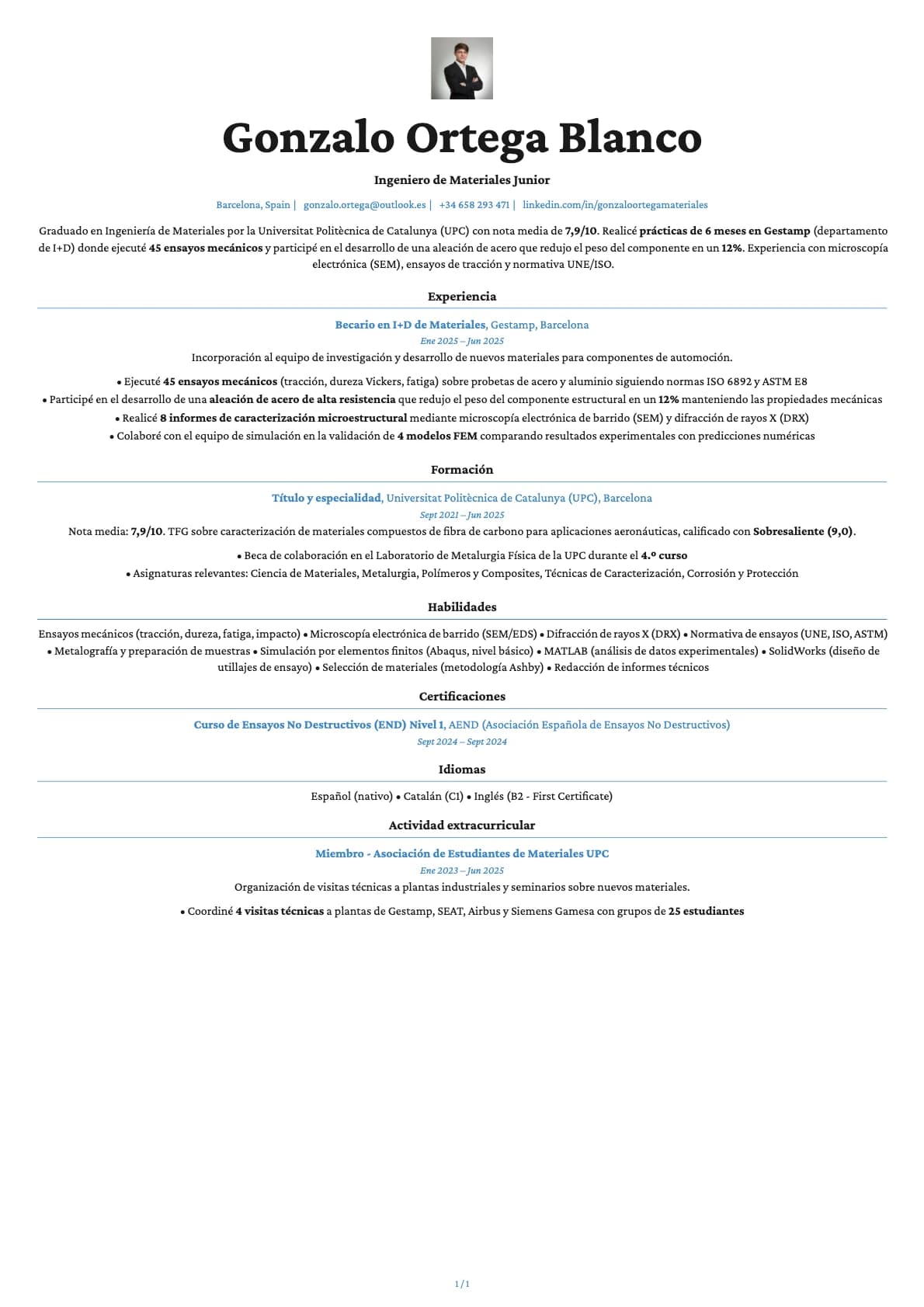 Ingeniero de Materiales Junior resume example